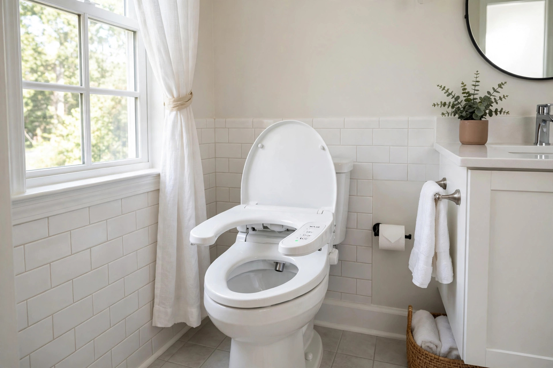 bidet toilet seats american homes guide: Bidet toilet seat installed in a bright American bathroom