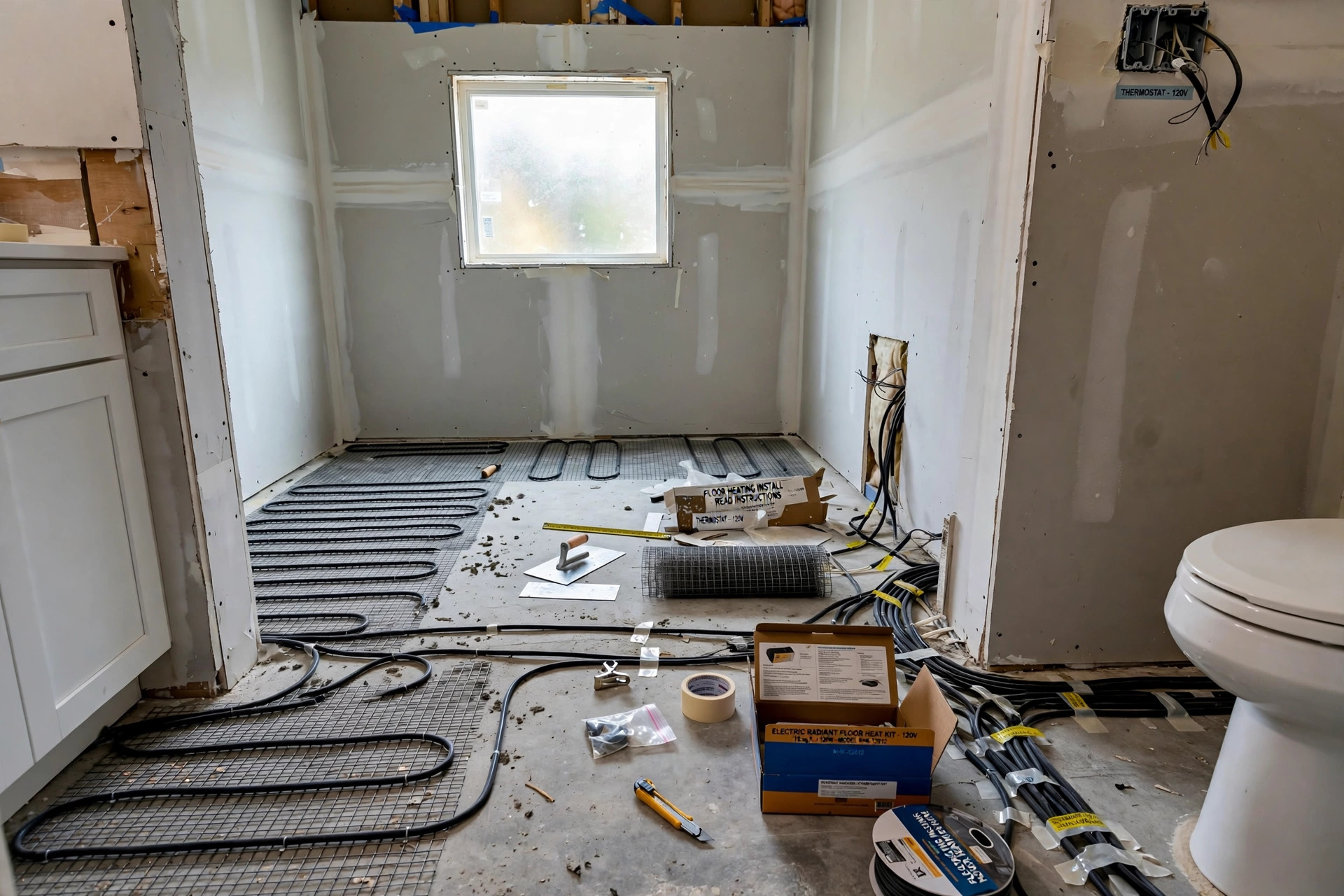 heated floor kits american homes guide: Electric radiant heated floor kit installed in an American home bathroom remodel