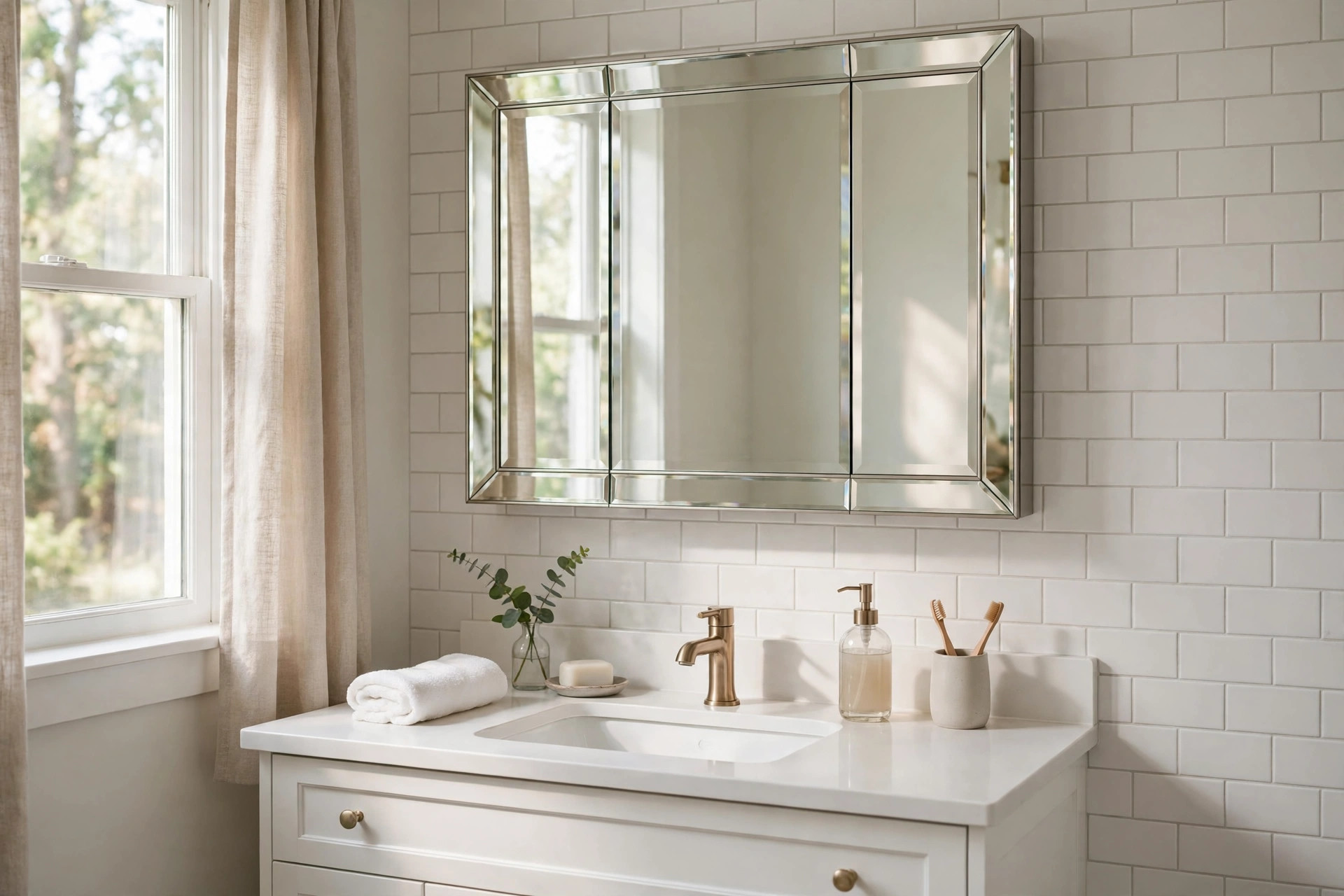 mirrored medicine cabinets american homes guide: Mirrored medicine cabinet mounted above a bathroom vanity in an American home