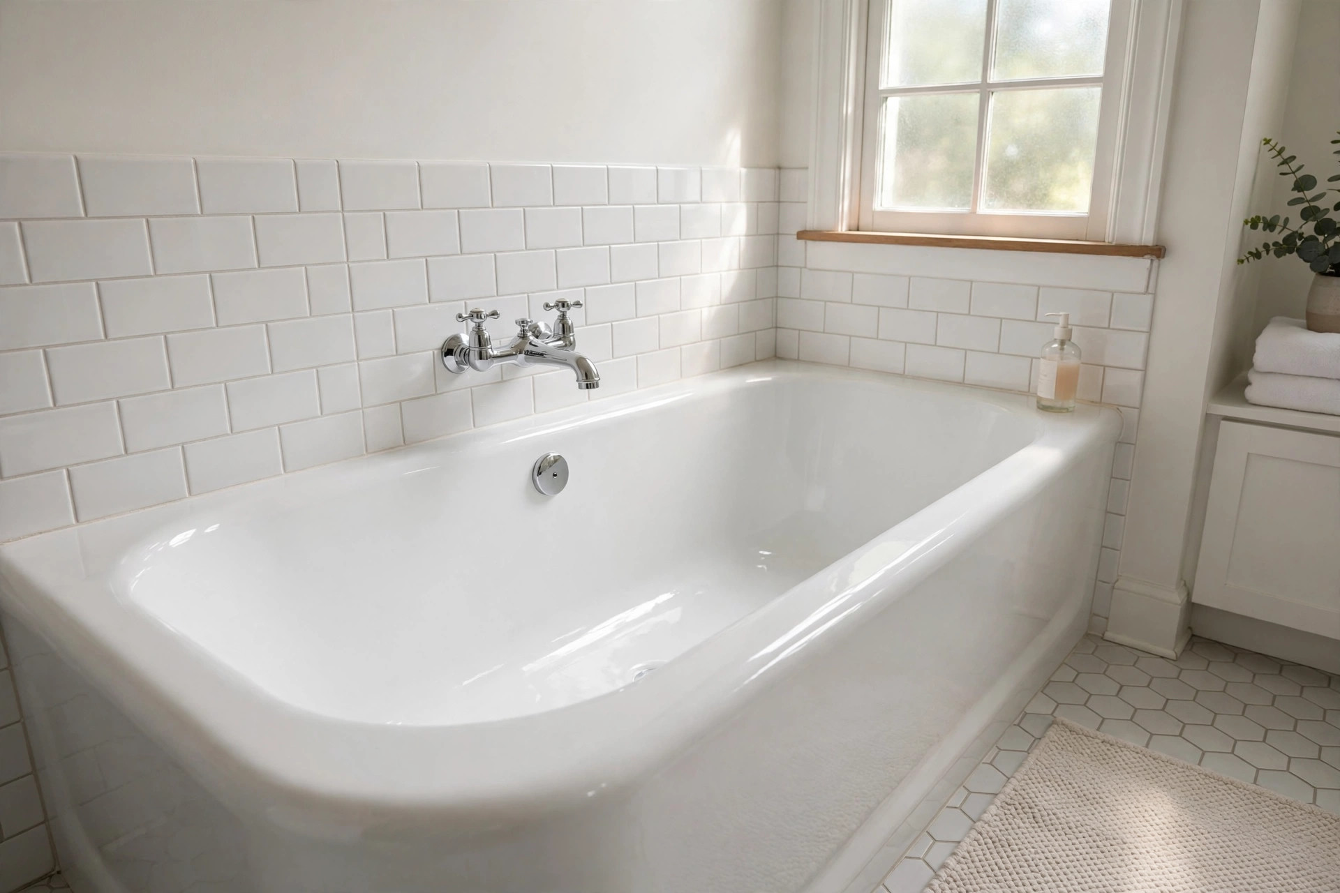 bathtub refinishing kits american homes guide: A freshly refinished white bathtub in a clean American bathroom with a smooth glossy coating from a bathtub refinishing kit