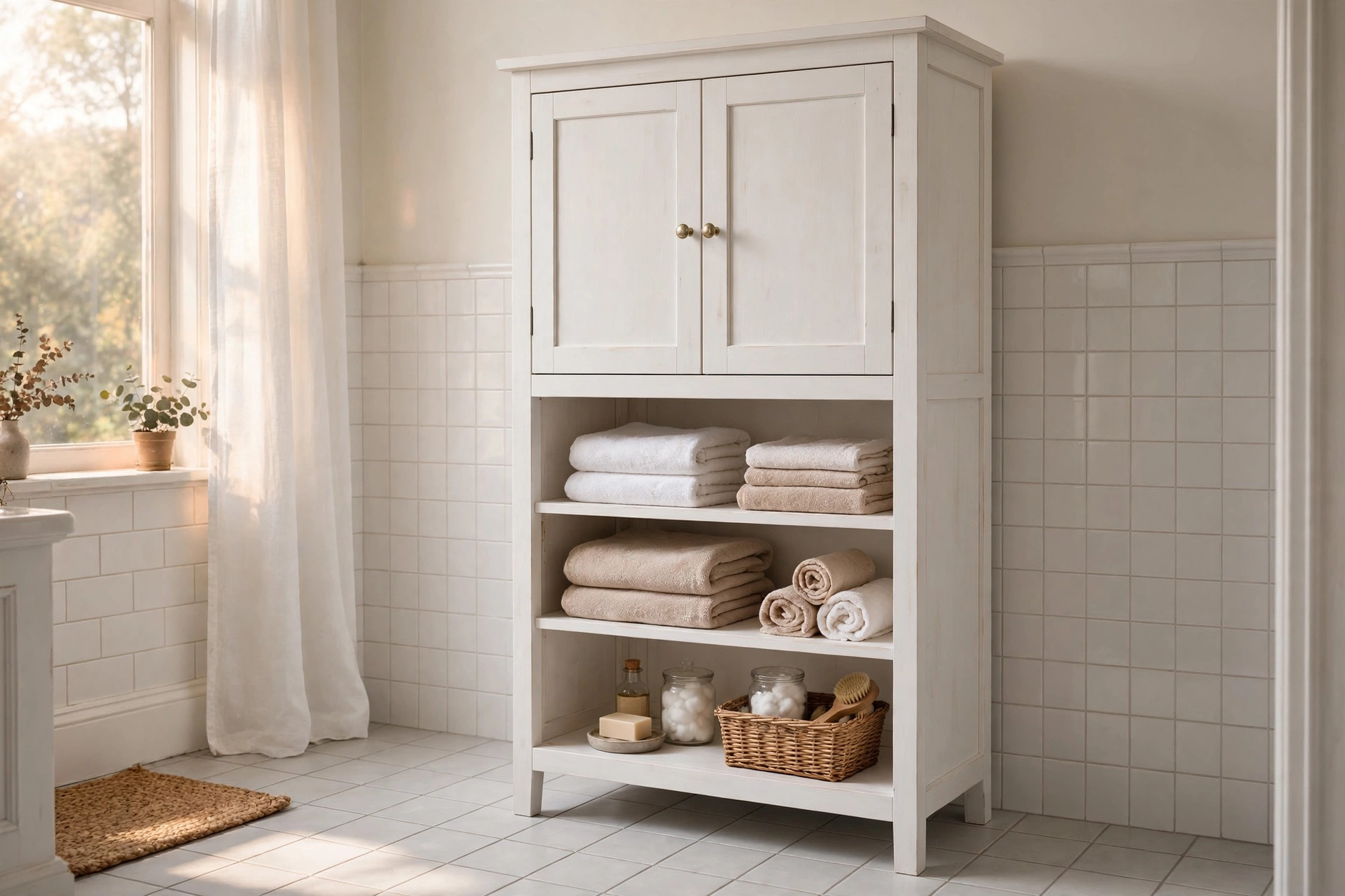 bathroom linen cabinets american homes guide: Tall white bathroom linen cabinet with open shelves of folded towels