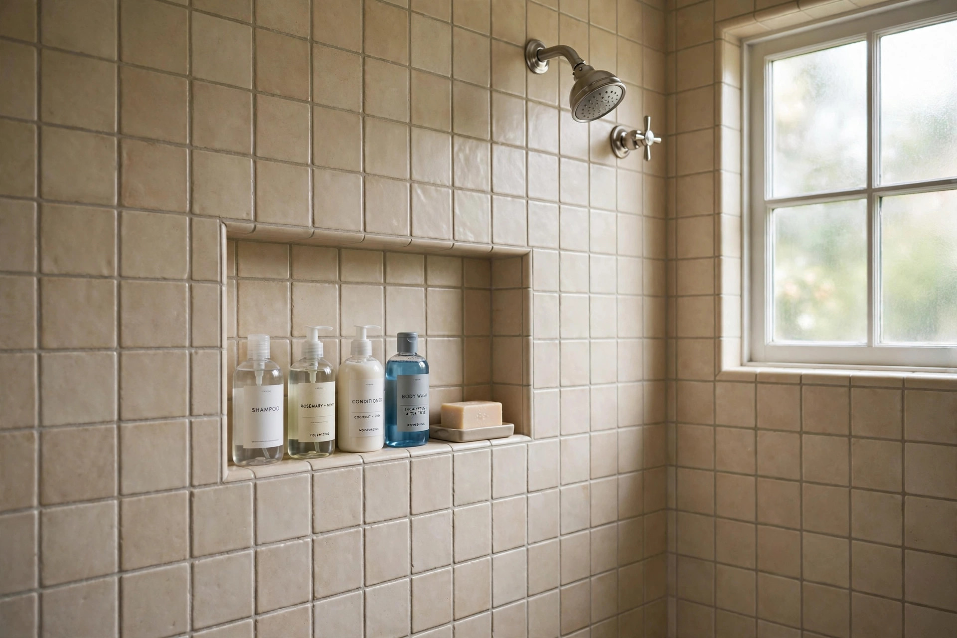 shower niche inserts american homes guide: Shower niche inserts in a tiled American bathroom shower