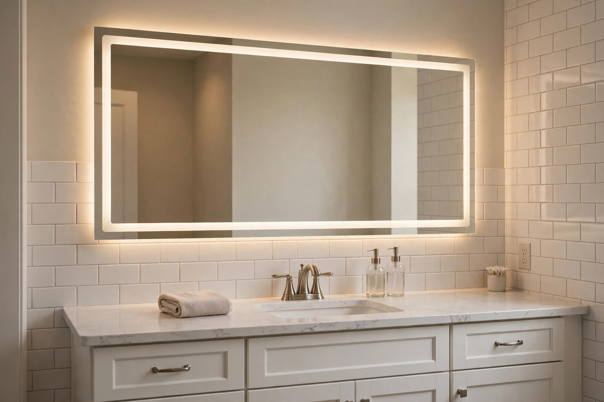 led bathroom mirrors american homes guide: Lighted LED bathroom mirror in an American home bathroom