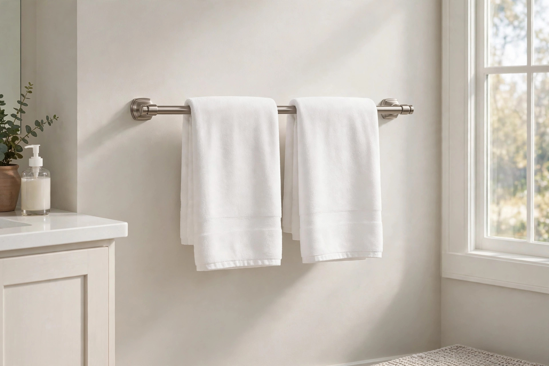 brushed towel holders american homes guide: Brushed nickel towel bar with folded white towels in an American bathroom