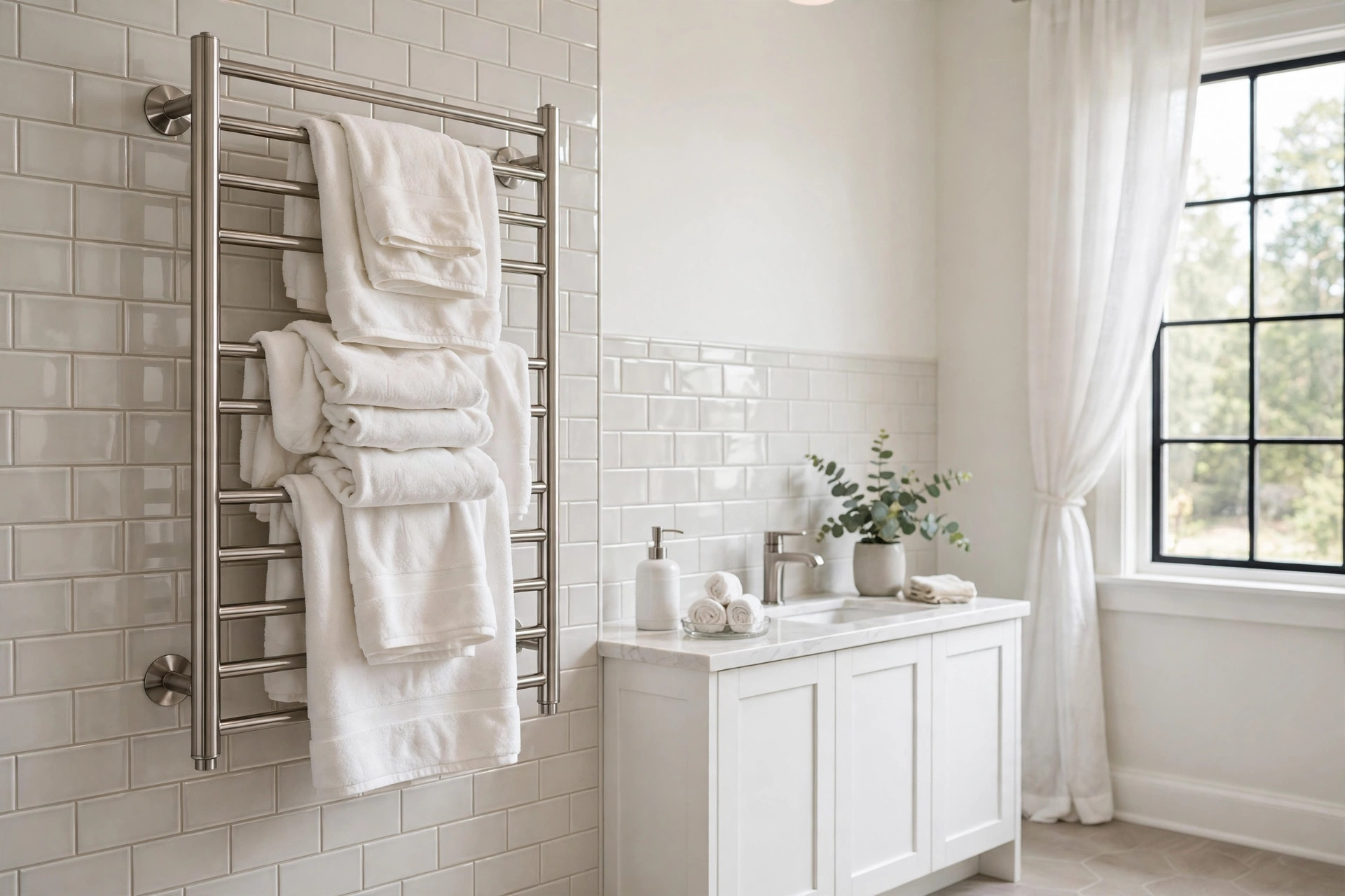 bathroom towel warmers american homes guide: A wall-mounted towel warmer holding warm white towels in an American bathroom