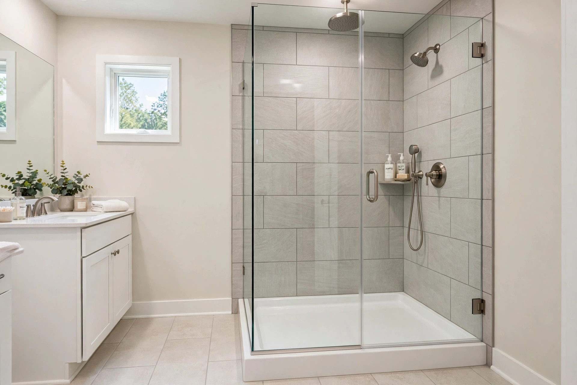 Walk in shower kit installed in an American bathroom, focus keyword walk in shower kits usa online deals
