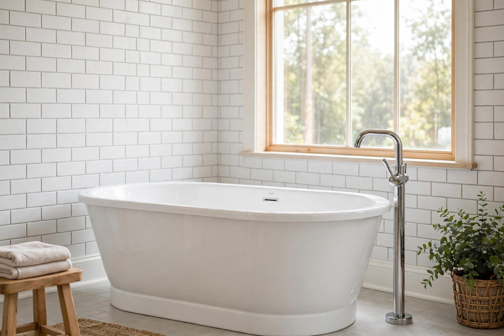 freestanding soaking tubs usa online deals: Freestanding soaking tub in a bright American bathroom
