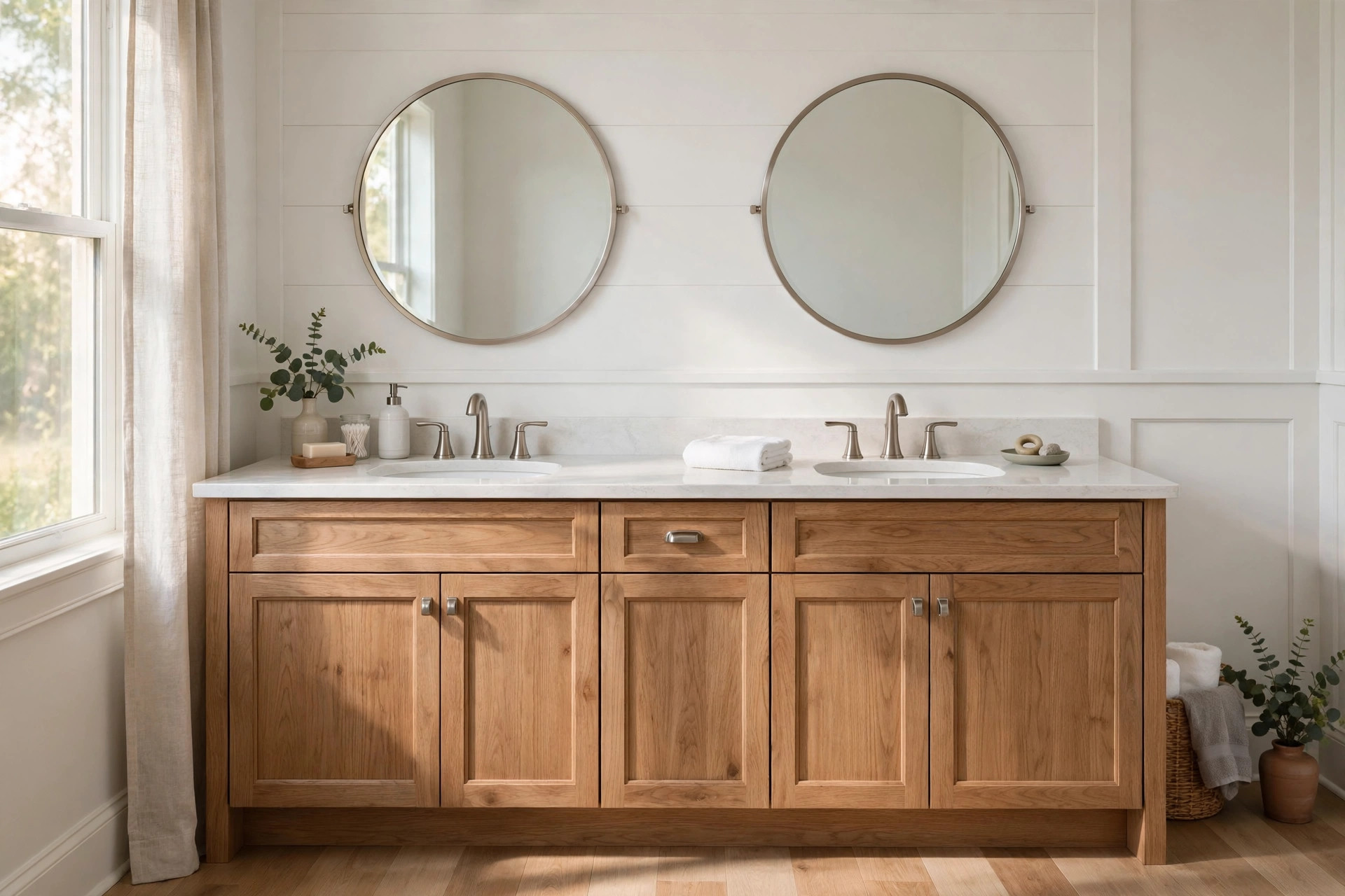 double sink vanities usa online deals: A double sink vanity with two sinks and faucets in a bright American bathroom