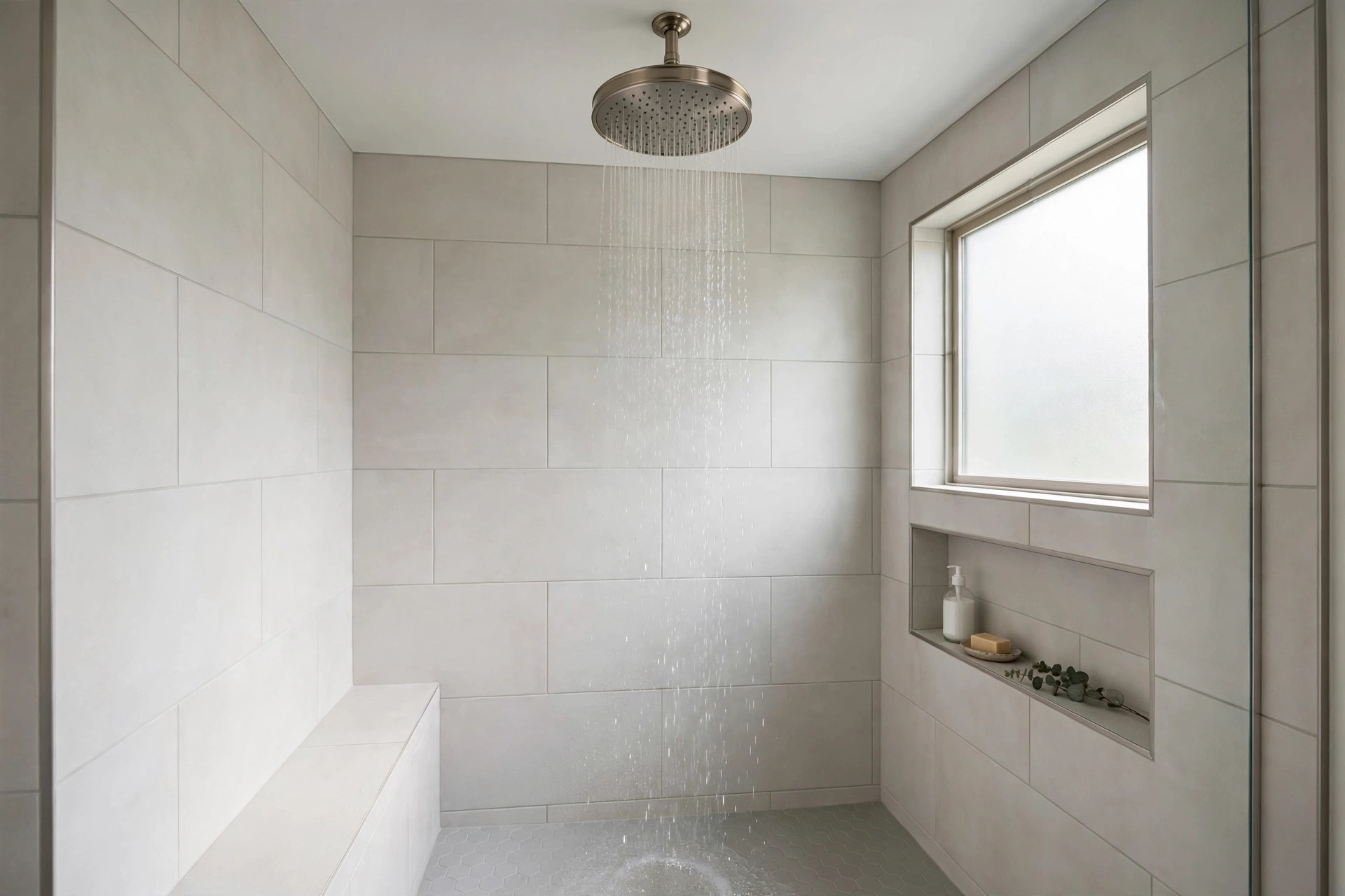 rain shower heads usa online deals: Ceiling-mounted rain shower head streaming water over a tiled shower