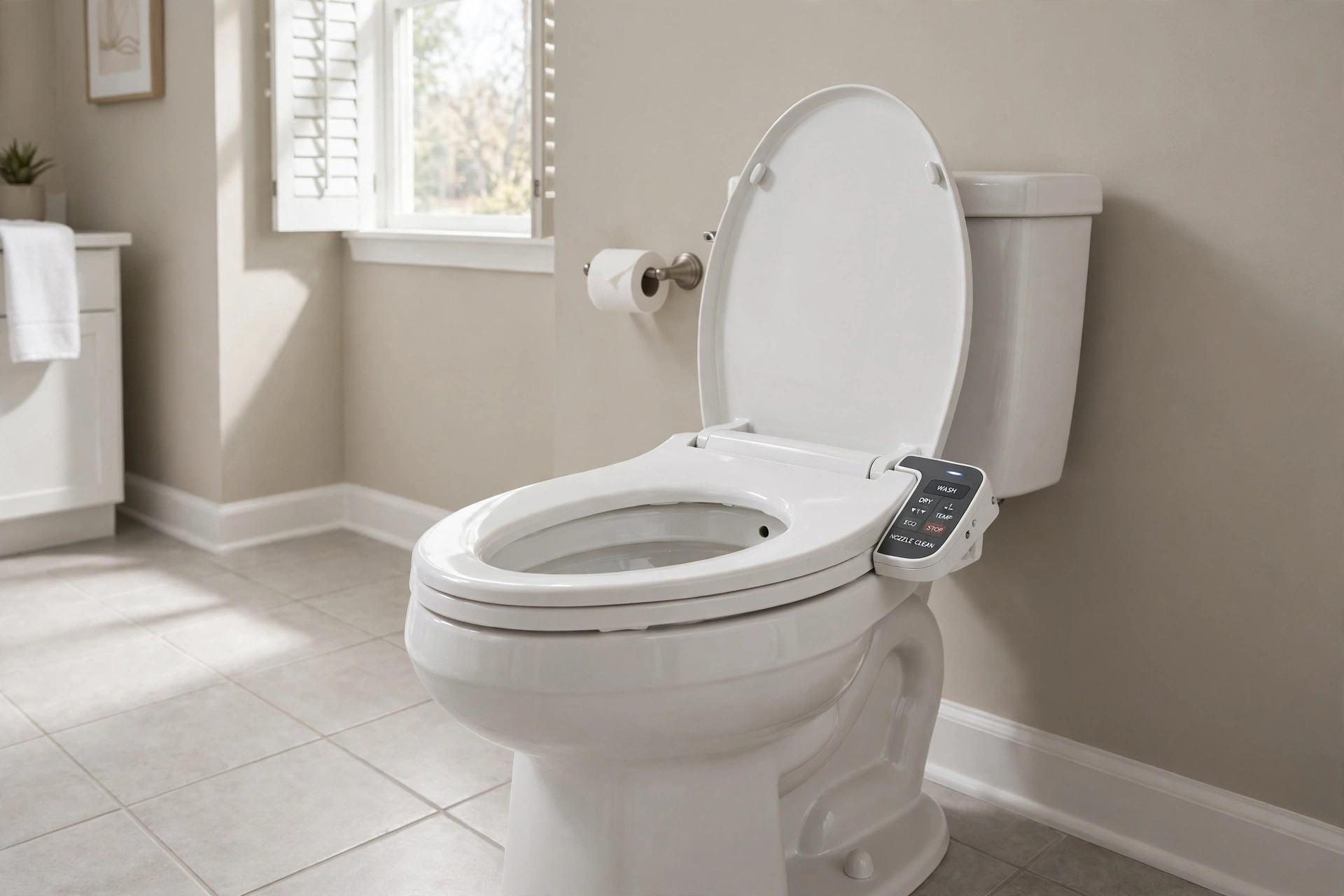 bidet toilet seats usa online deals: Bidet toilet seat installed on a toilet in an American bathroom, showing the control panel