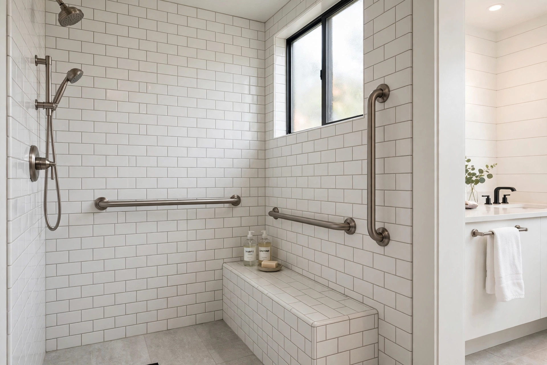 shower grab bars usa online deals: Stainless steel shower grab bars mounted on a tiled walk-in shower wall
