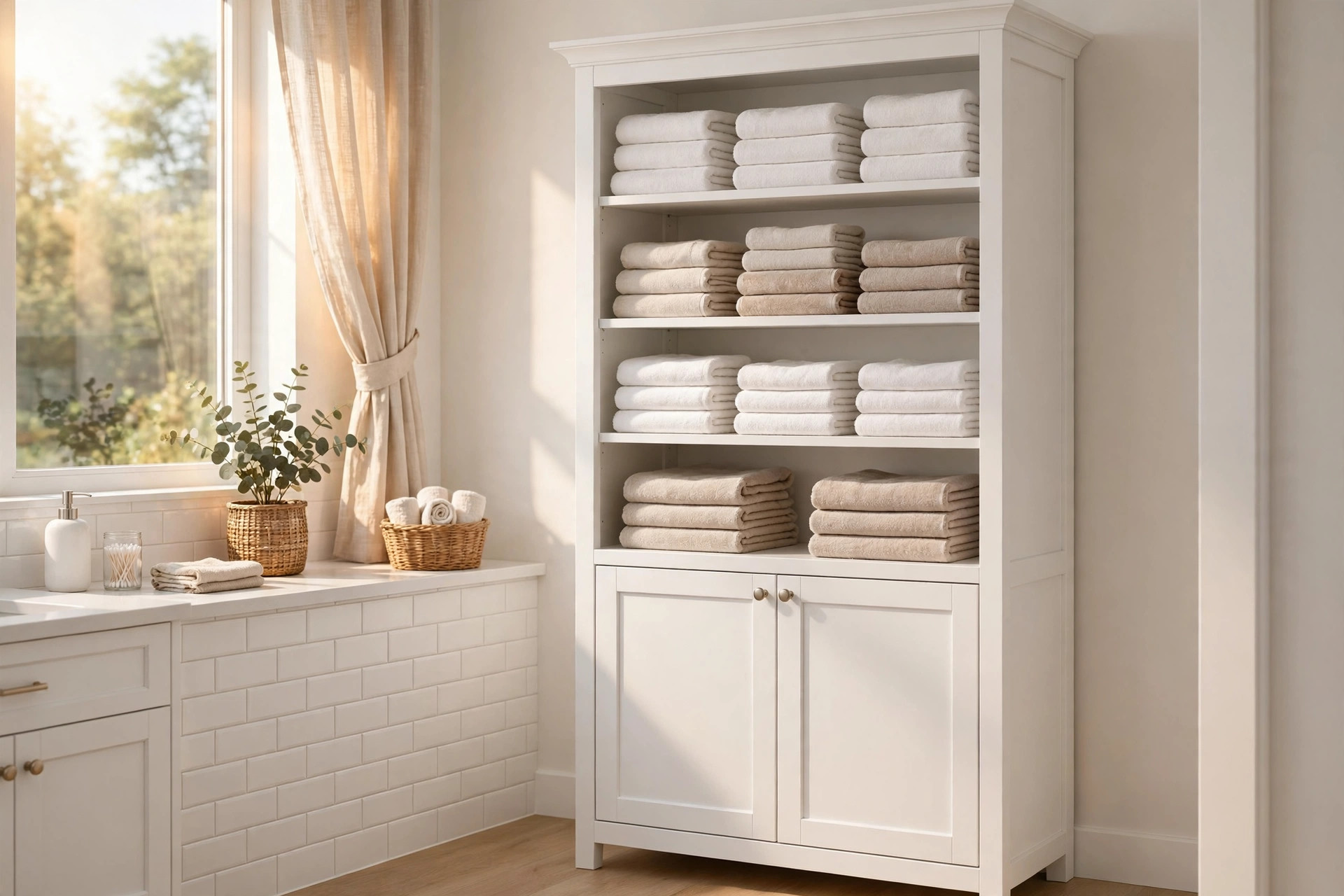 bathroom linen cabinets usa online deals: Bathroom linen cabinet in a bright American bathroom with the focus keyword topic shown