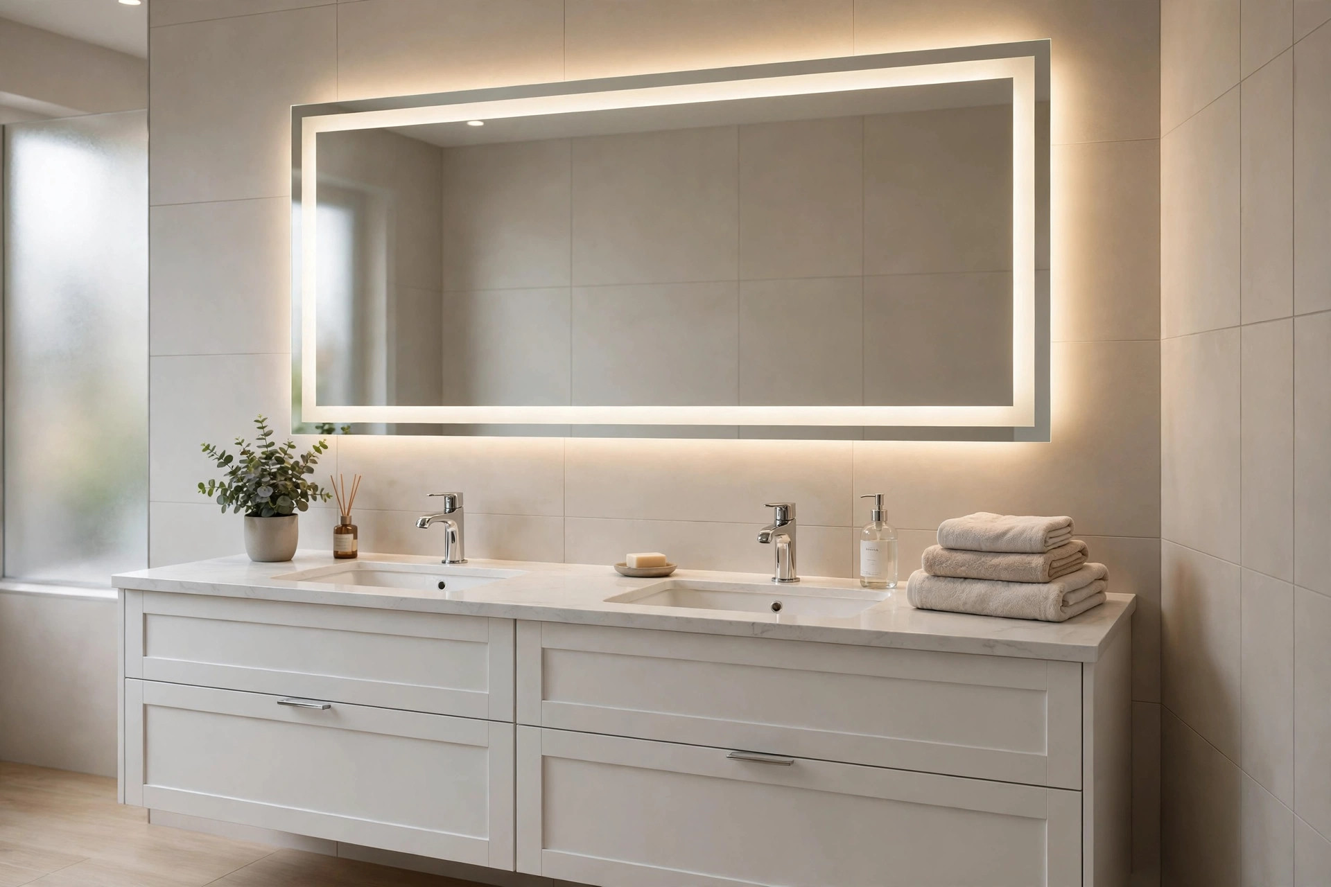 led bathroom mirrors usa online deals: An LED bathroom mirror glowing above a double vanity
