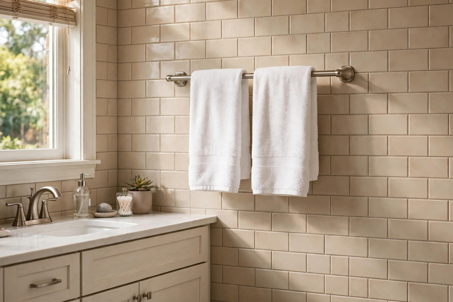 brushed towel holders usa online deals: Brushed nickel towel bar with folded white towels in a bright American bathroom