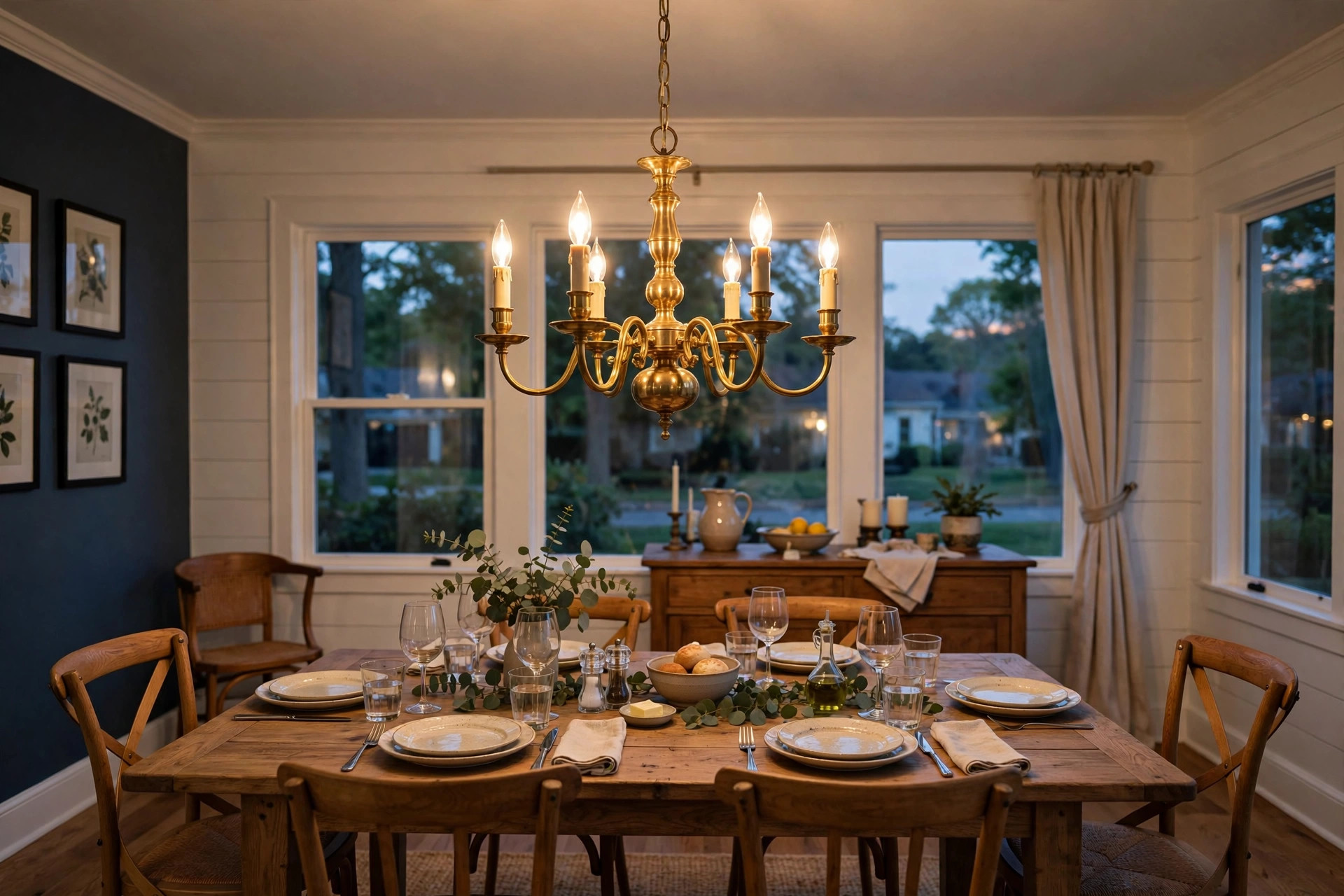 Dining room chandeliers buying guide usa: brass chandelier over a wood dining table