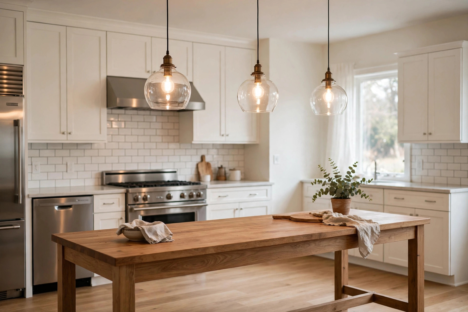 kitchen island pendants buying guide usa: Kitchen island pendants over a wooden island in an American kitchen
