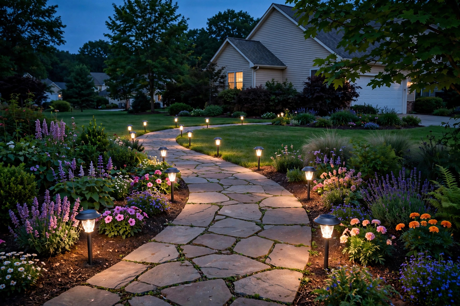 solar path lights buying guide usa: Solar path lights glowing along a garden walkway at dusk in the USA