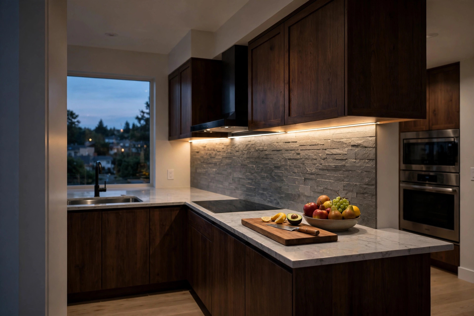 under cabinet strips buying guide usa: Under cabinet LED strips glowing under kitchen wall cabinets