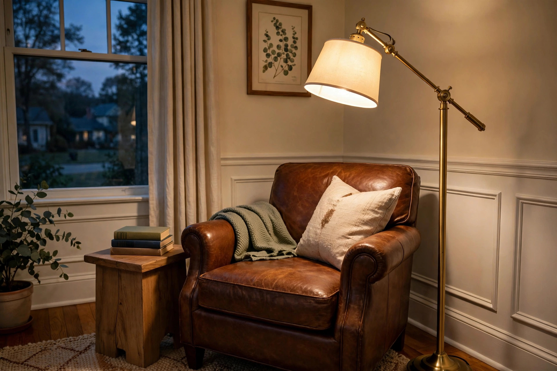 reading floor lamps buying guide usa: Reading floor lamp in a living room corner for a reading floor lamps buying guide