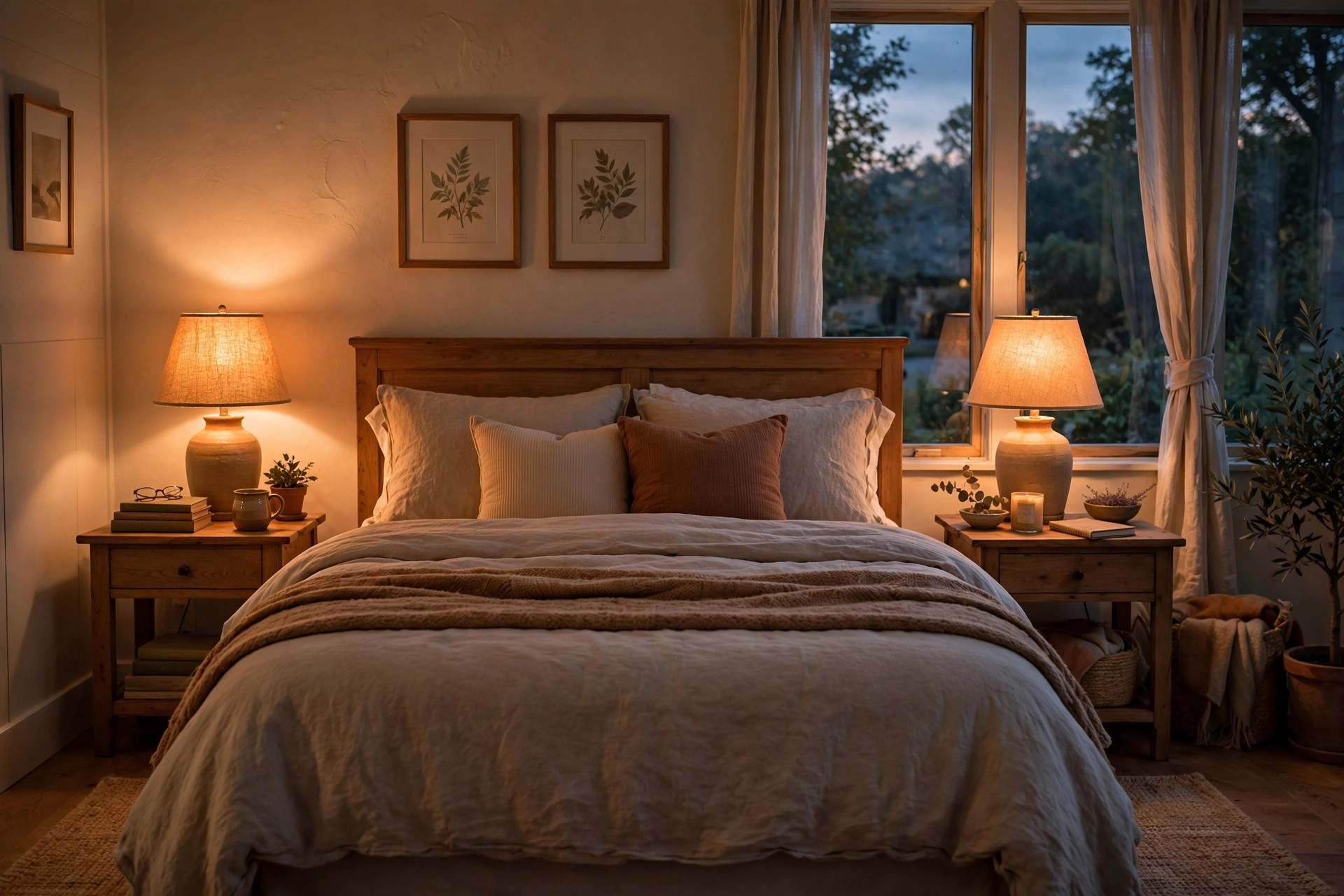 Bedroom table lamps buying guide USA: a lit table lamp on a nightstand beside a bed