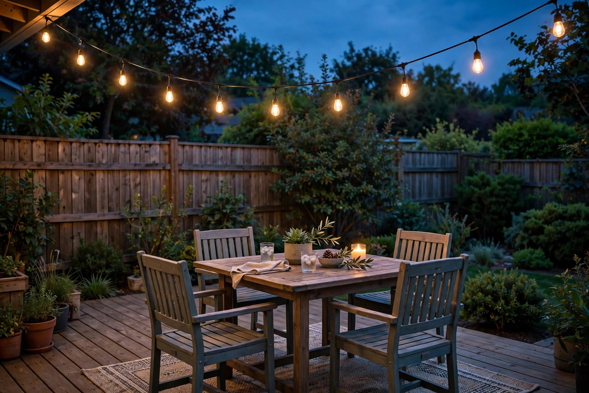 patio string lights buying guide usa: Warm patio string lights over an American backyard patio at dusk