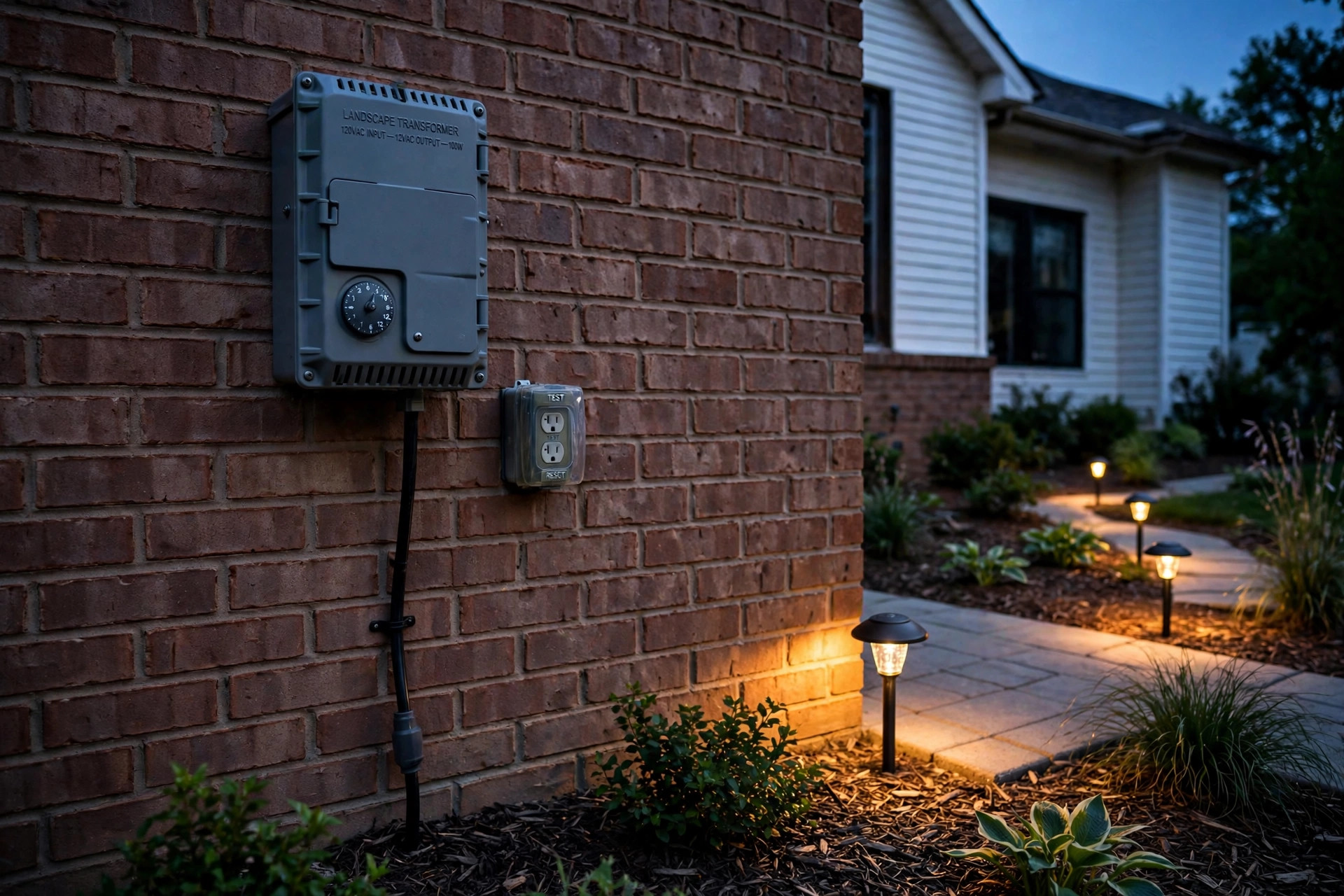 how to install landscape lighting transformer: A landscape lighting transformer mounted on a garage wall beside a garden bed at dusk