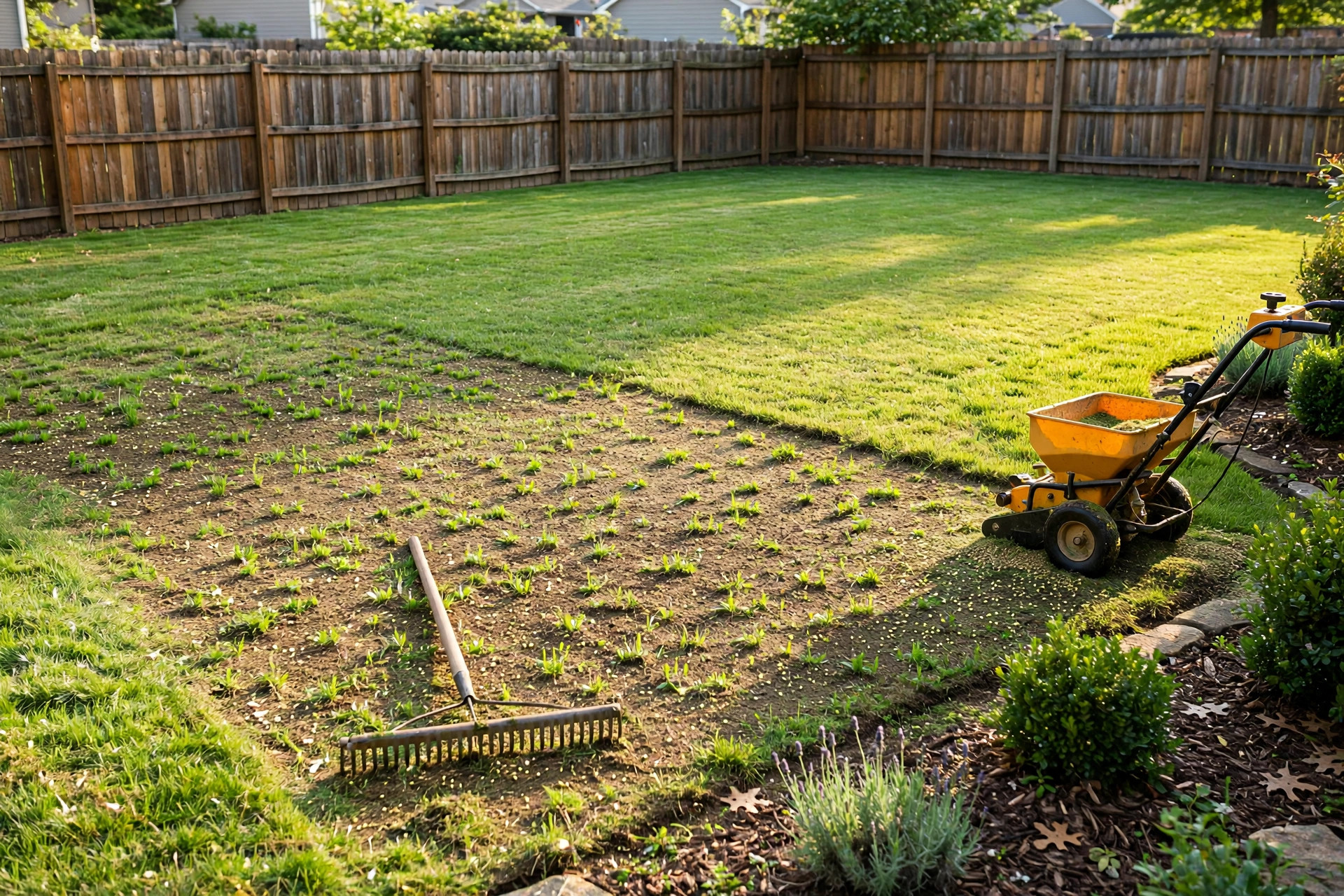 how to overseed bermuda grass lawn: A freshly overseeded bermuda grass lawn in a sunny American backyard