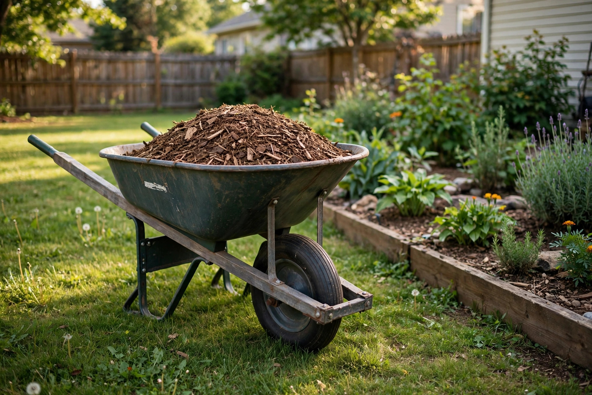 Wheelbarrow loaded with mulch in a yard, best wheelbarrow for yard work reviews