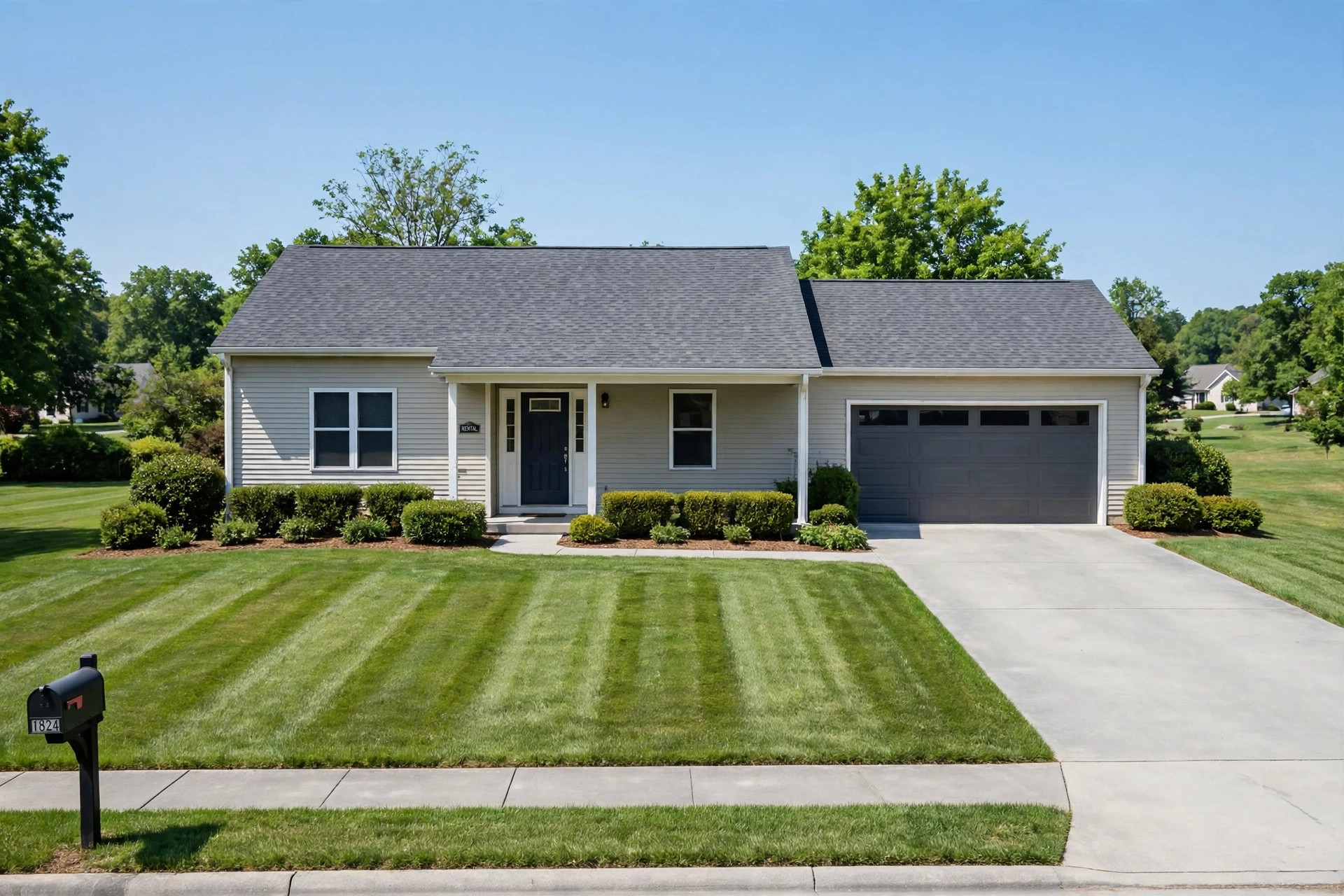lawn care service for rental properties: A freshly mowed front lawn at an American rental property