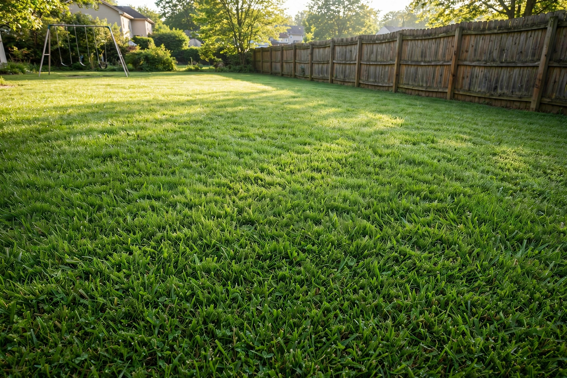 Thick green lawn grown from the best lawn seed for high traffic areas in a sunny American backyard