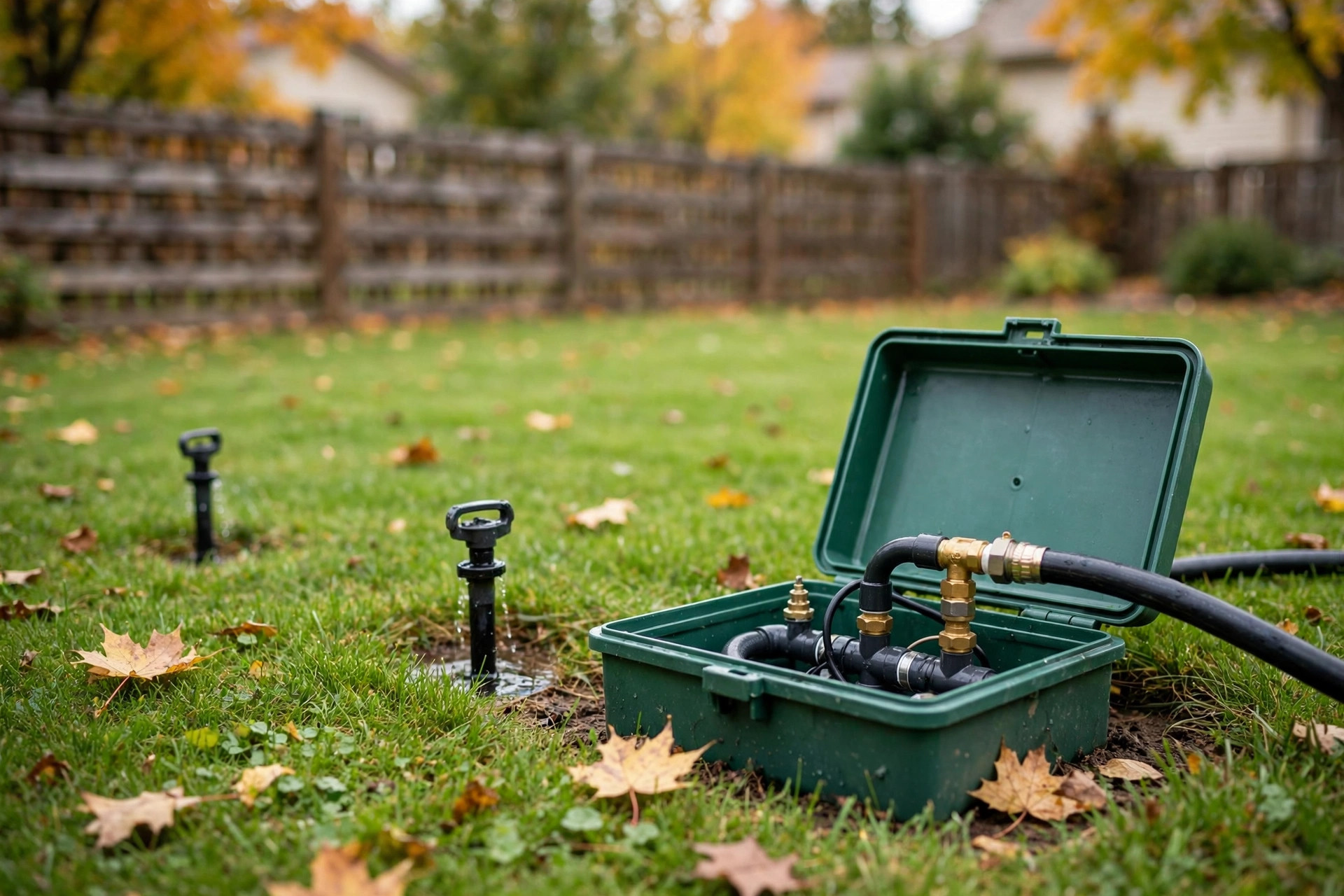 sprinkler winterization blowout service cost: Close-up of pop-up sprinkler heads and valves in an American backyard before winterization blowout service