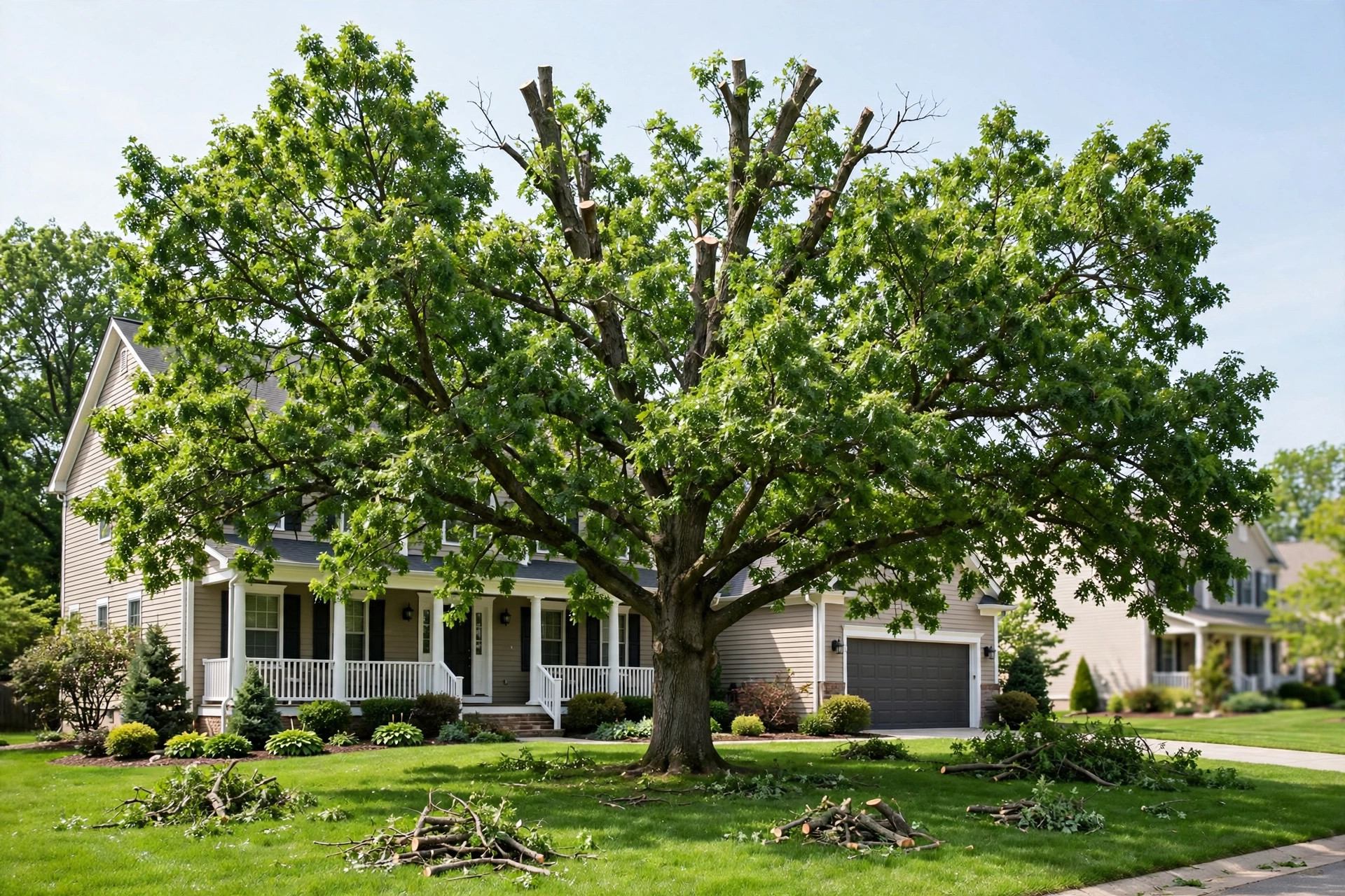 Freshly pruned shade tree in a suburban front yard, the result of an affordable tree pruning service near me