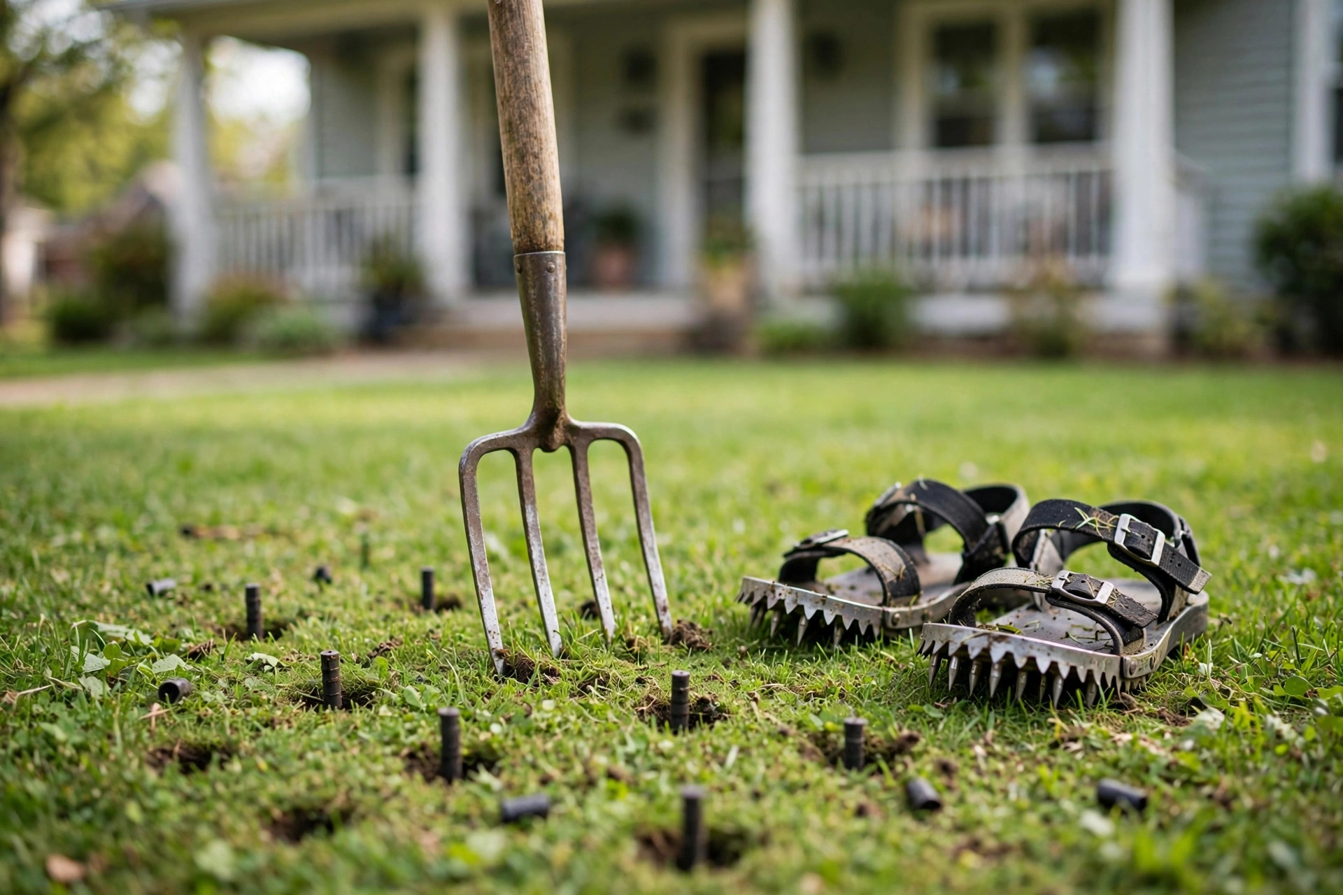 Green lawn being aerated by hand tools, showing how to aerate lawn without machine