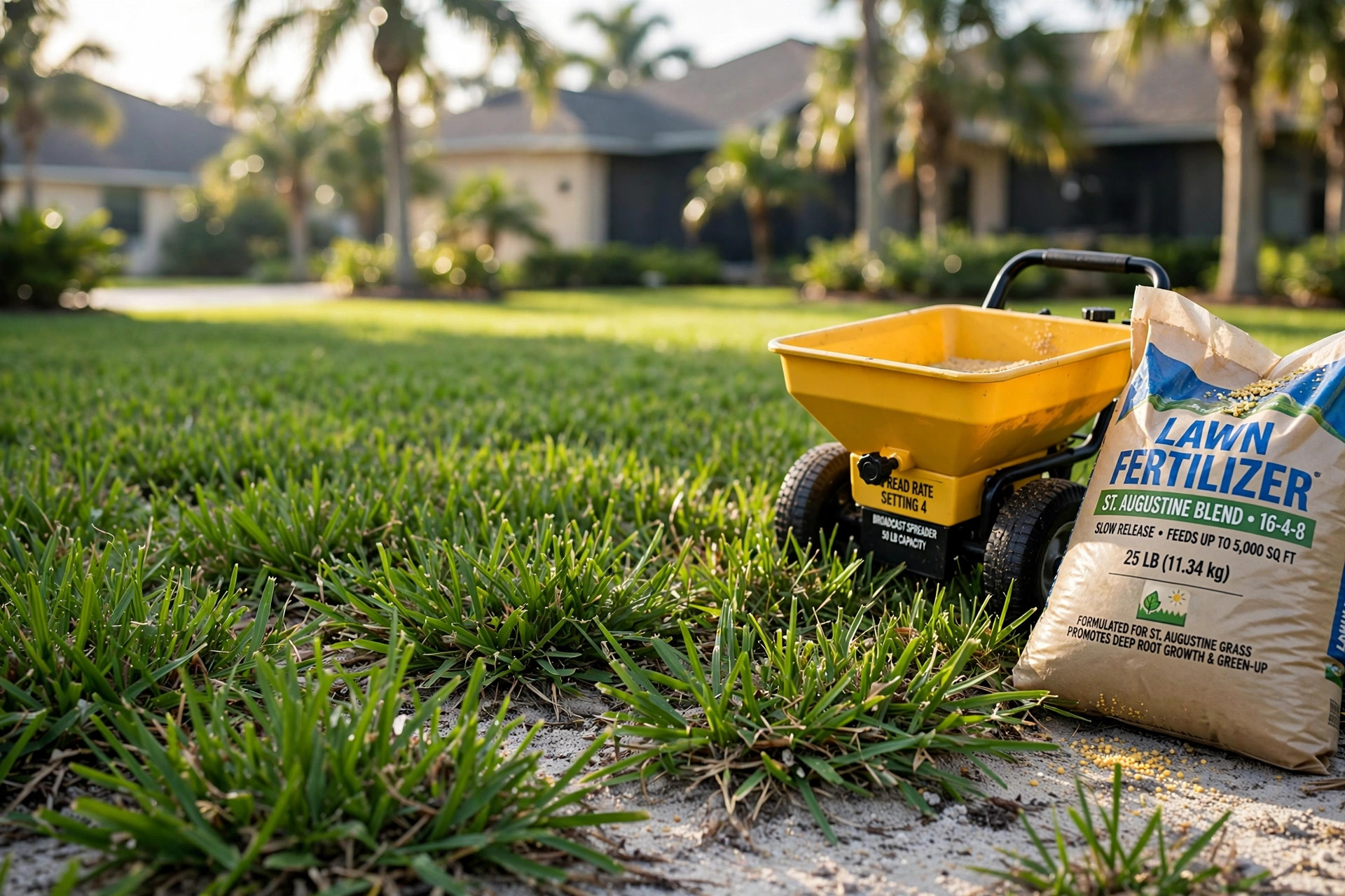lawn fertilizer for sandy soil florida: Green Florida lawn growing on sandy soil after spring feeding