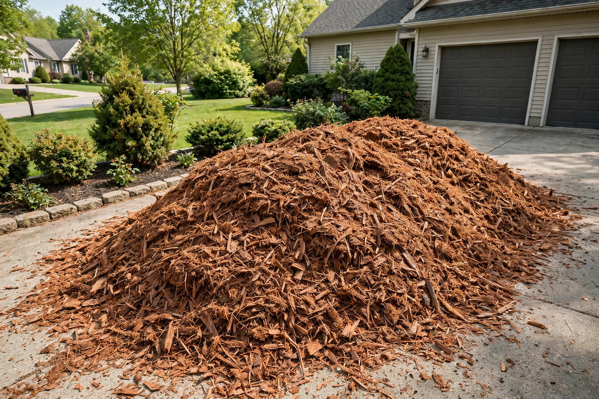 cedar mulch bulk price near me: Fresh bulk cedar mulch pile in a home yard