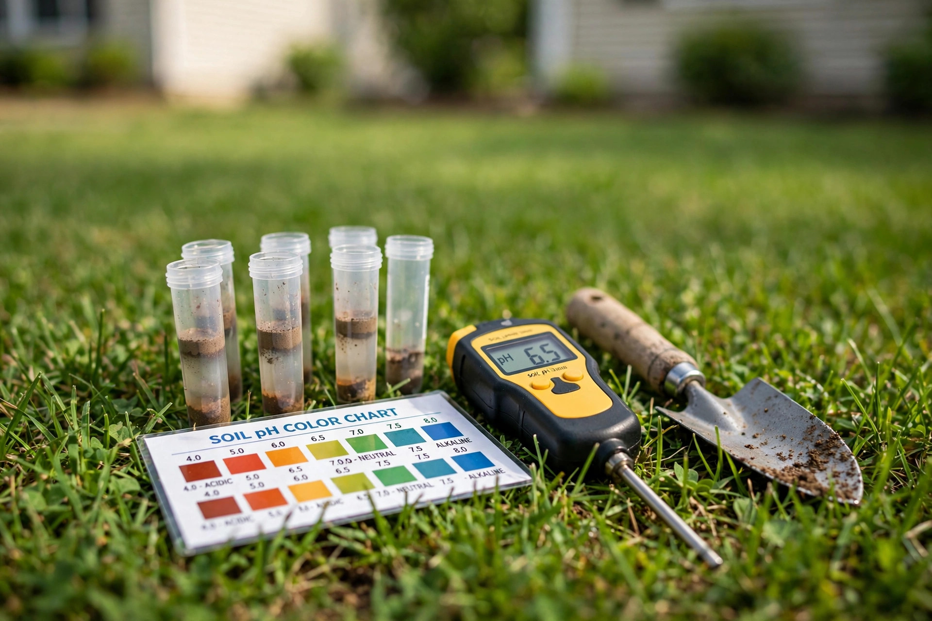 lawn soil ph test kit reviews: Soil pH test kit being used to check lawn soil