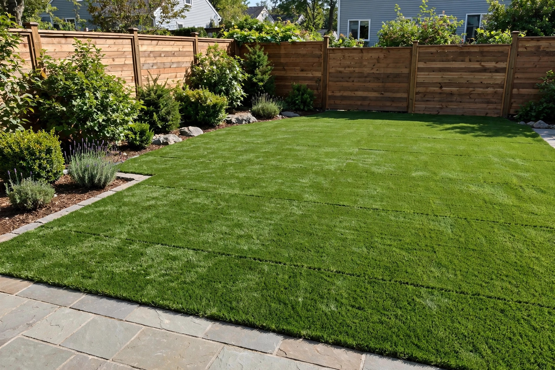 affordable artificial grass installation near me: A new artificial grass lawn in a real American yard