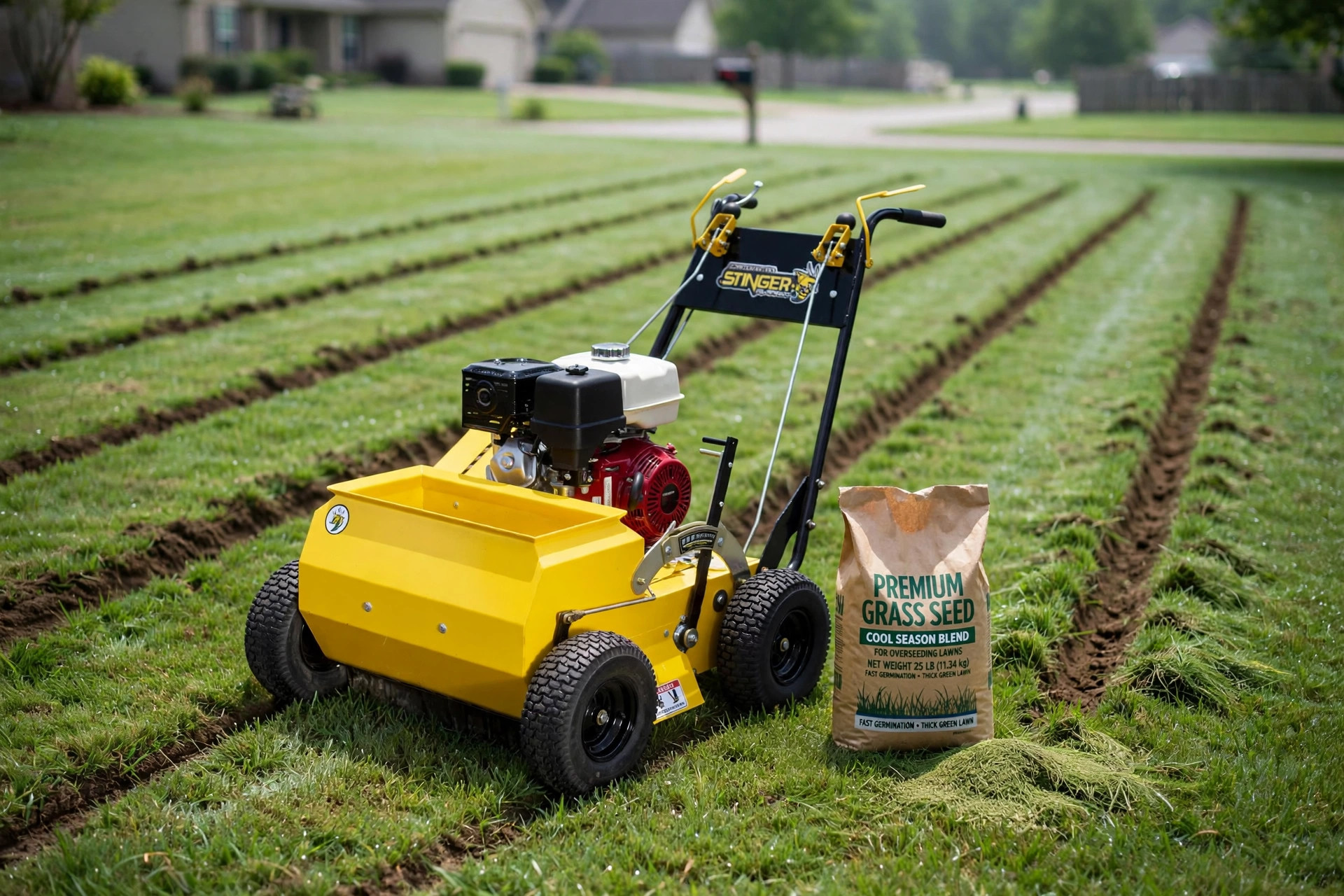 best overseeding machine rental near me: A slit seeder overseeding machine parked on a green residential lawn