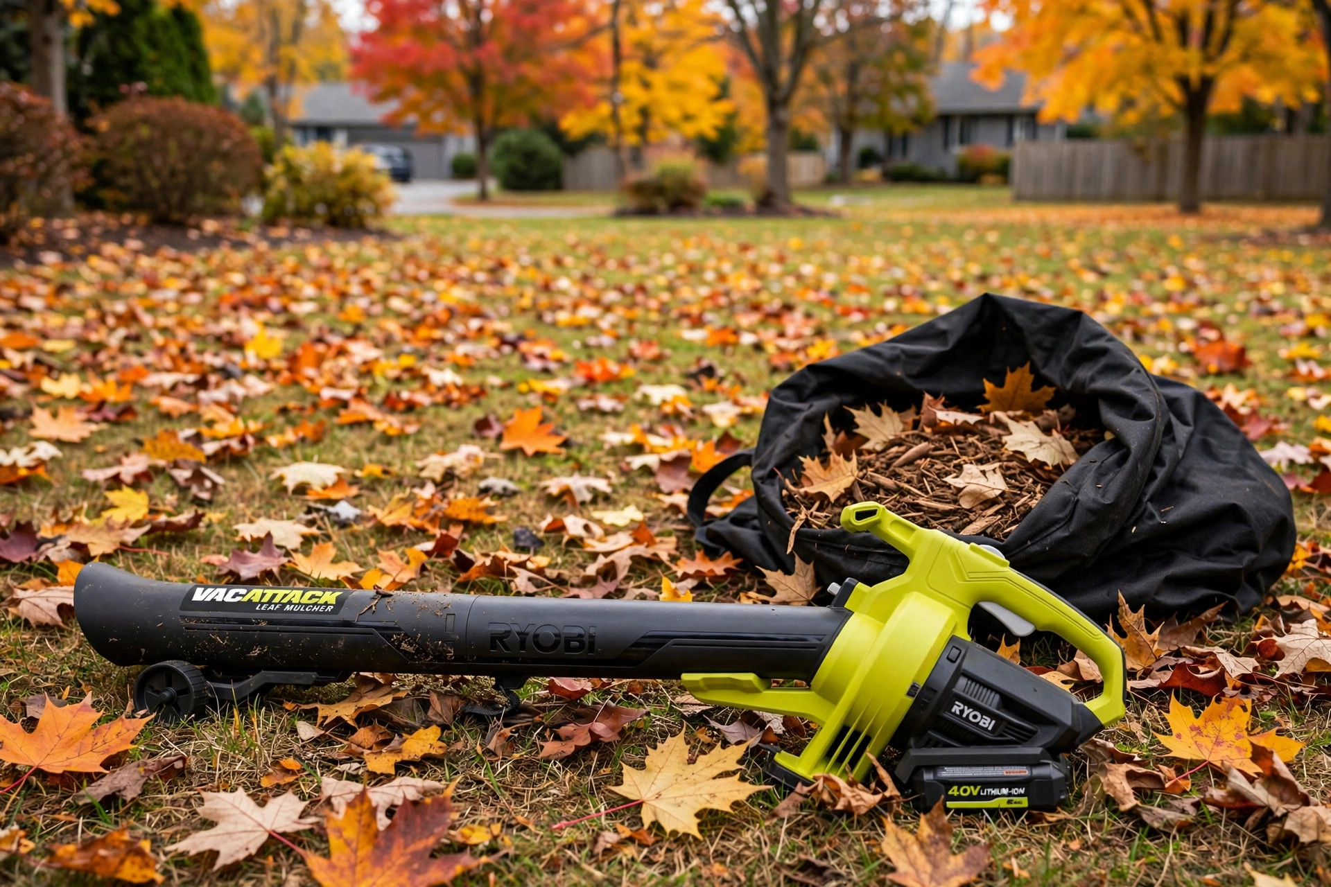 Best cordless leaf vacuum mulcher collecting leaves in a suburban yard