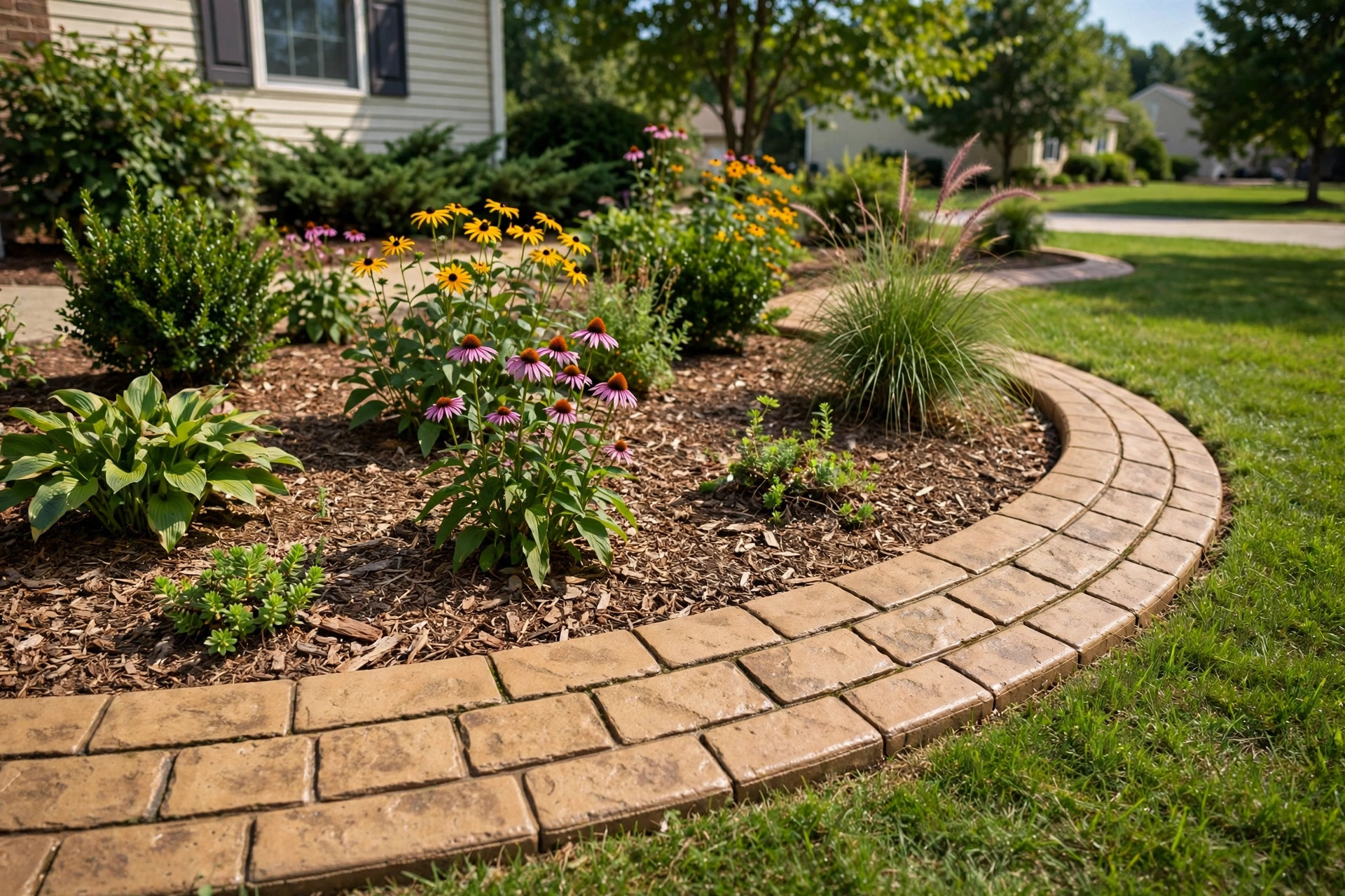 landscape curbing cost per foot usa: Stamped concrete landscape curbing around a flower bed in a front yard