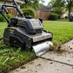 best lawn edger blade replacement guide: A lawn edger with a new blade cutting a clean edge along a sidewalk