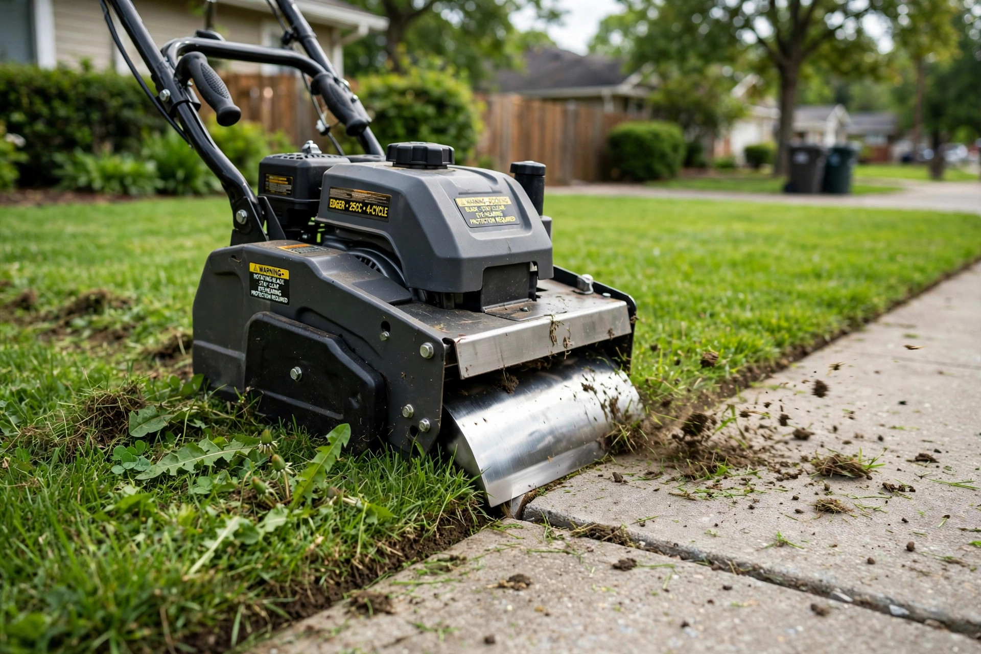 best lawn edger blade replacement guide: A lawn edger with a new blade cutting a clean edge along a sidewalk