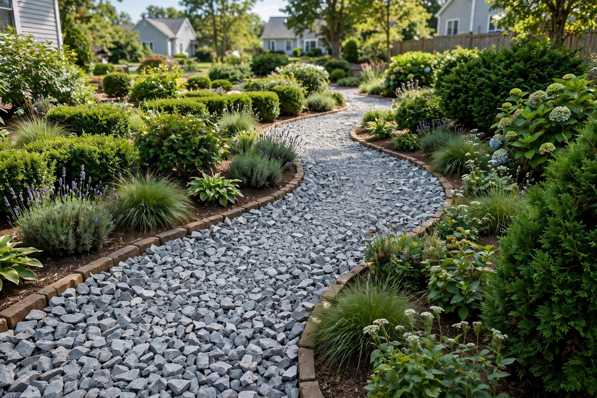 cheap crushed stone for landscaping near me: Crushed stone gravel path in a residential garden bed with cheap crushed stone for landscaping