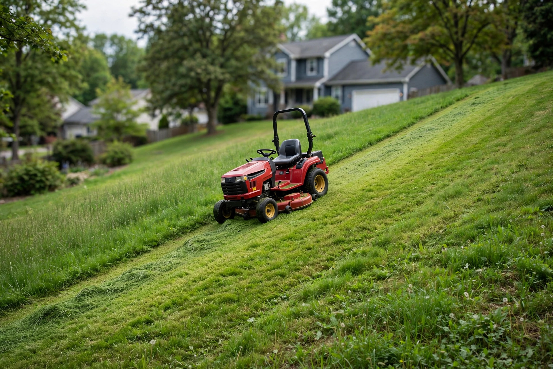 Best riding mower for hills reviews: riding mower on a sloped green lawn