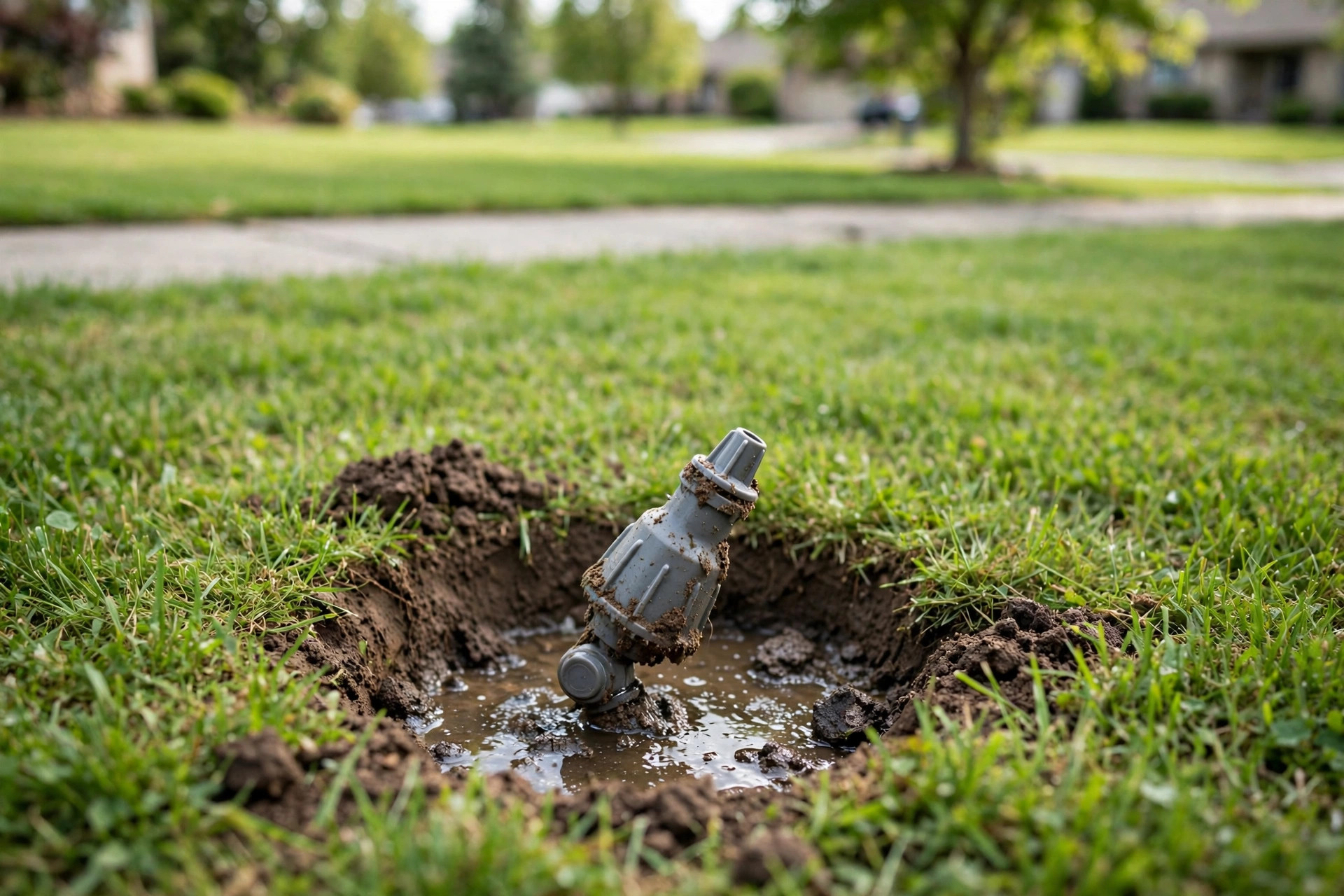 how to fix sprinkler head leaks: A leaking pop-up sprinkler head spraying water in a green American lawn