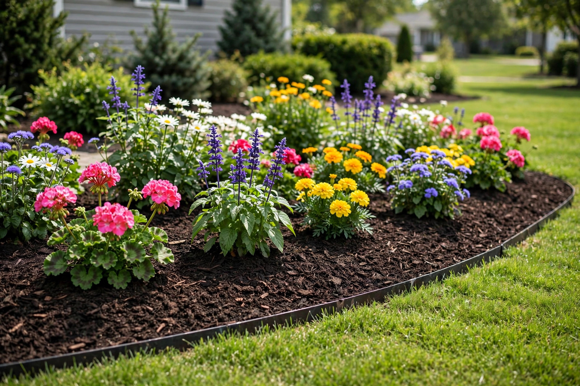 Neat mulched flower bed with healthy blooms, showing the best weed control for flower beds