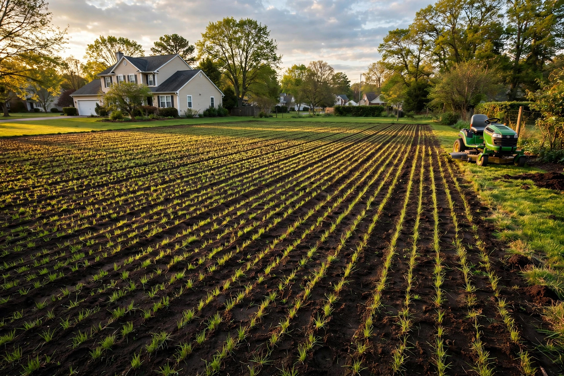 Freshly renovated lawn spreading across one acre of land, lawn renovation cost per acre usa