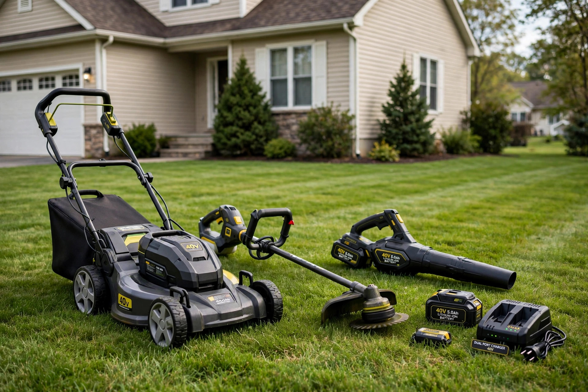 Best battery powered lawn tools combo kit on a lawn