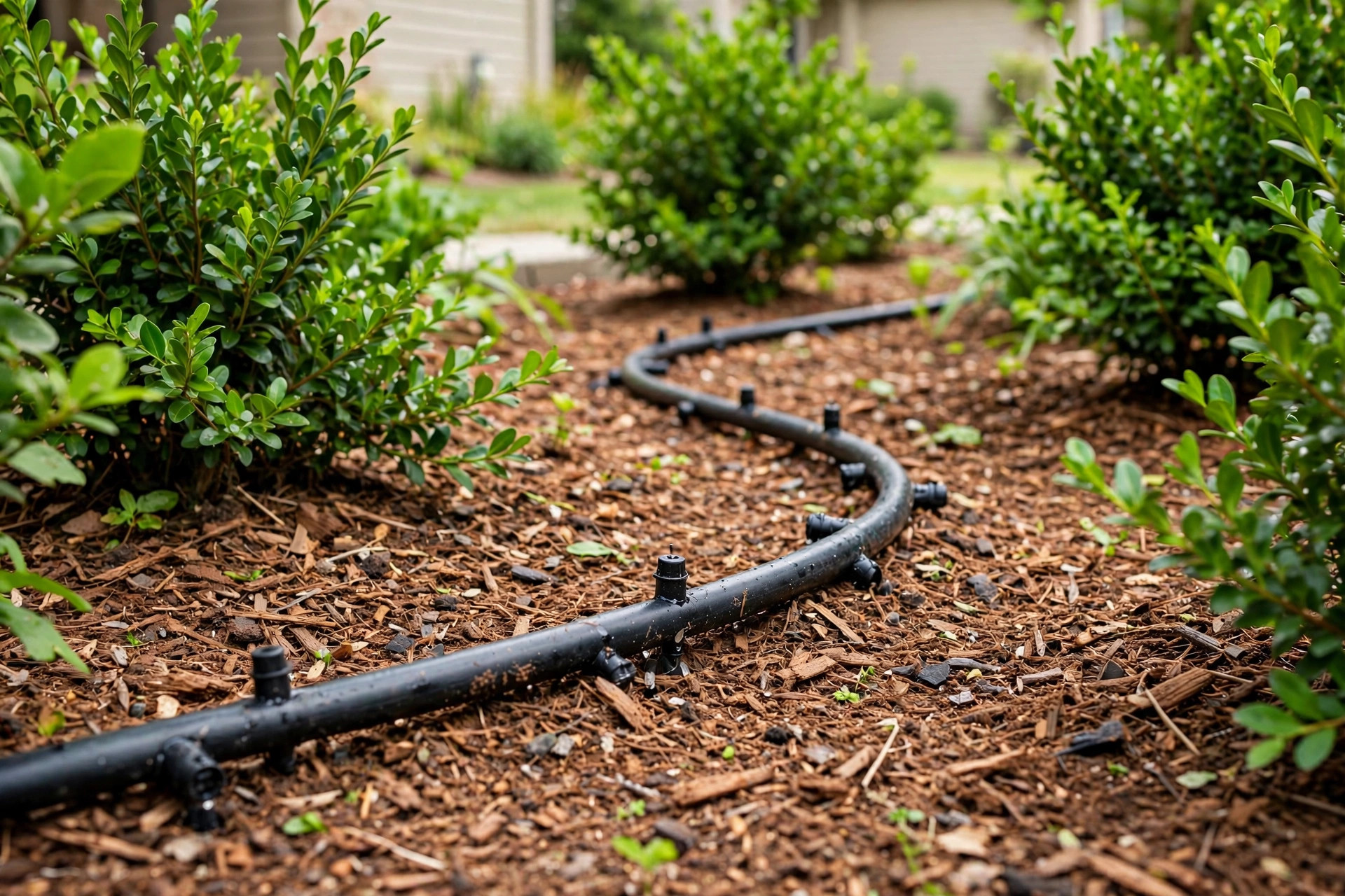 how to install drip line for shrubs: Drip irrigation line installed around shrubs in a garden bed