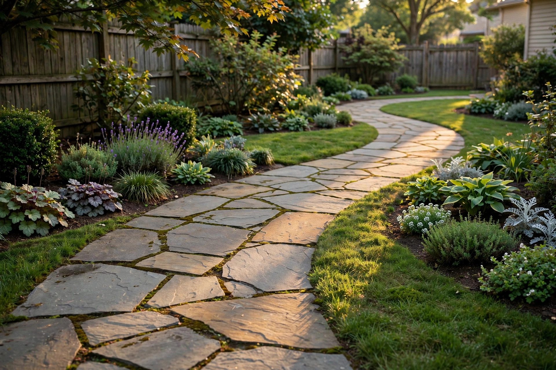 flagstone walkway ideas for backyards: Flagstone walkway winding through a backyard garden